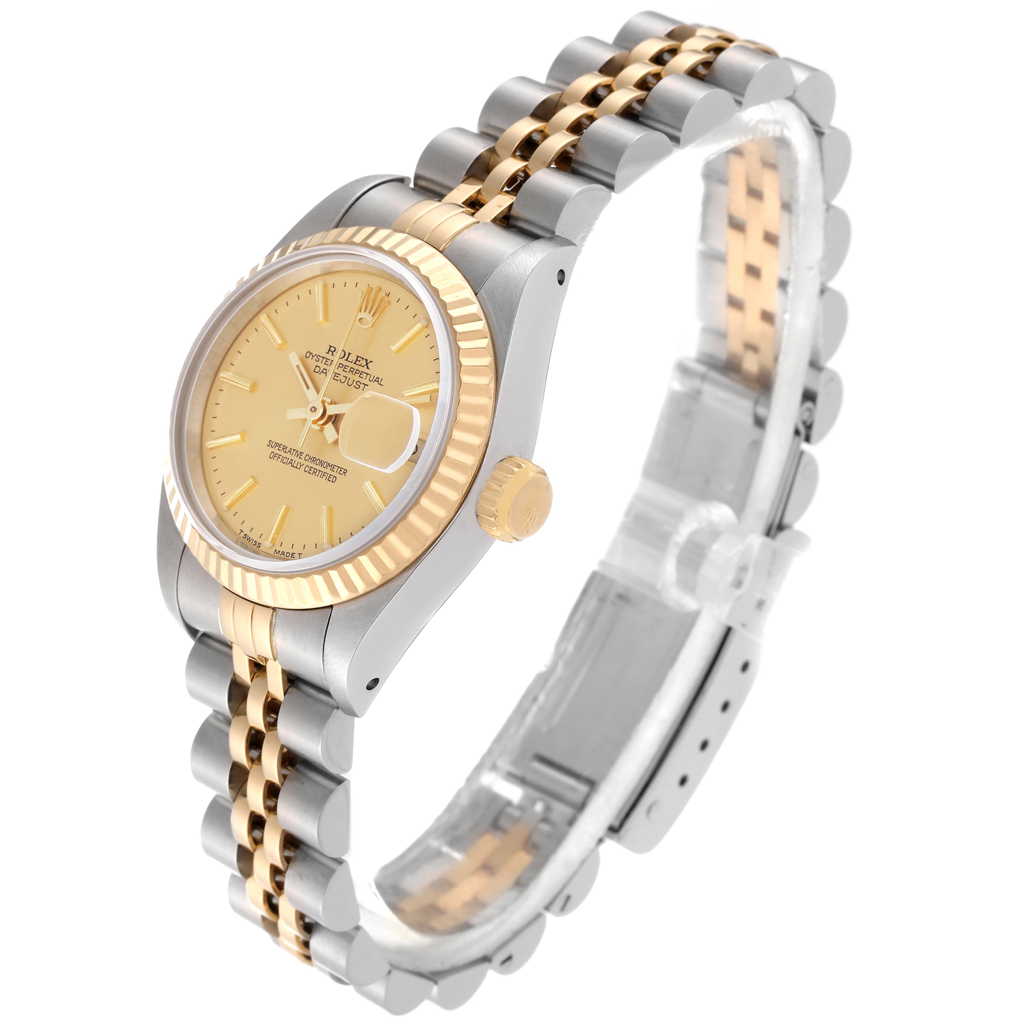 The image showcases a Rolex Datejust 69173 Women's Steel and Gold (two tone) Champagne Dial 69173 Women's Steel and Gold (two tone) Champagne Dial watch angled from the top left, highlighting its gold dial, fluted bezel, crown, and jubilee bracelet.