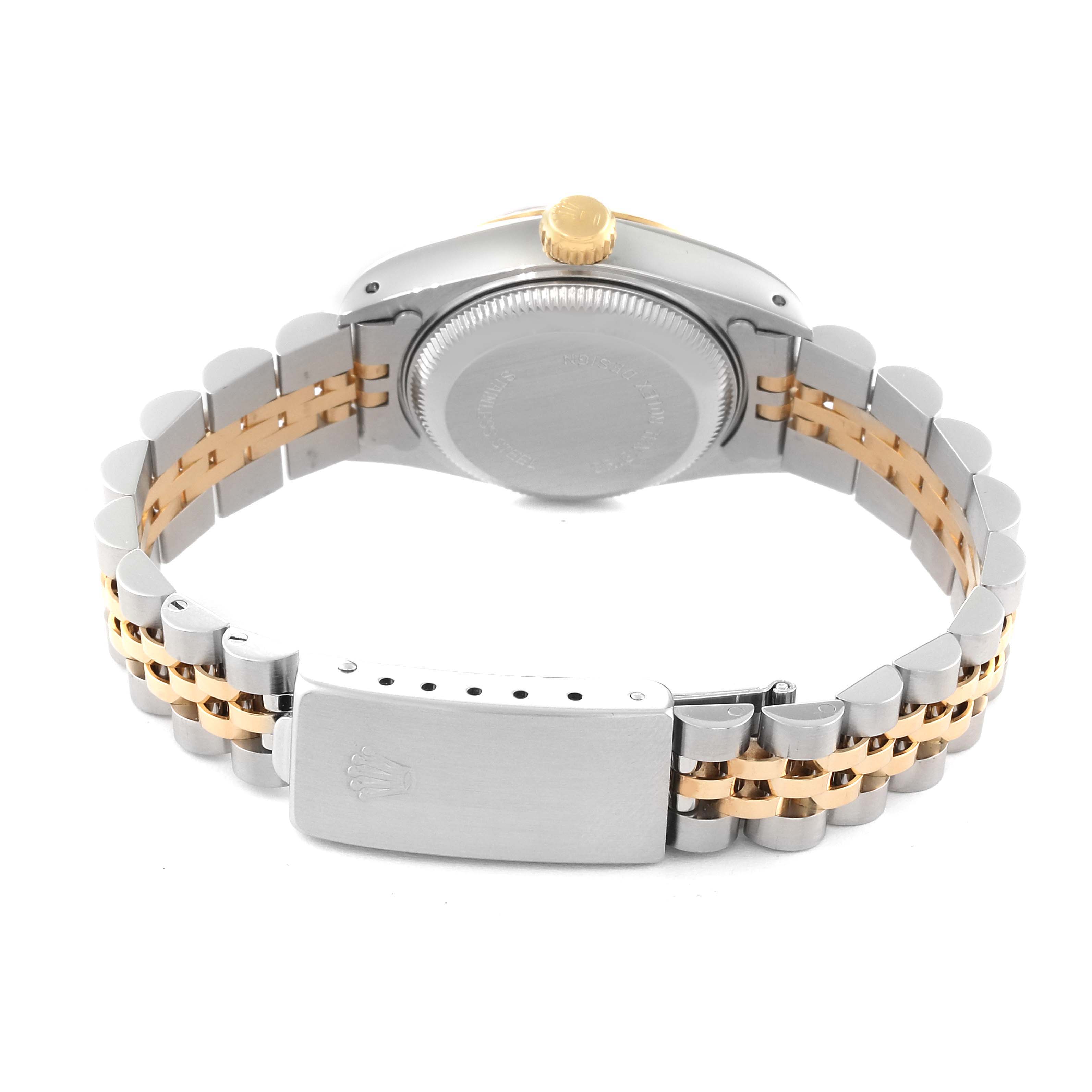 This image shows the back, bracelet, and clasp of a Rolex Datejust 69173 Women's Steel and Gold (two tone) Champagne Dial 69173 Women's Steel and Gold (two tone) Champagne Dial watch.