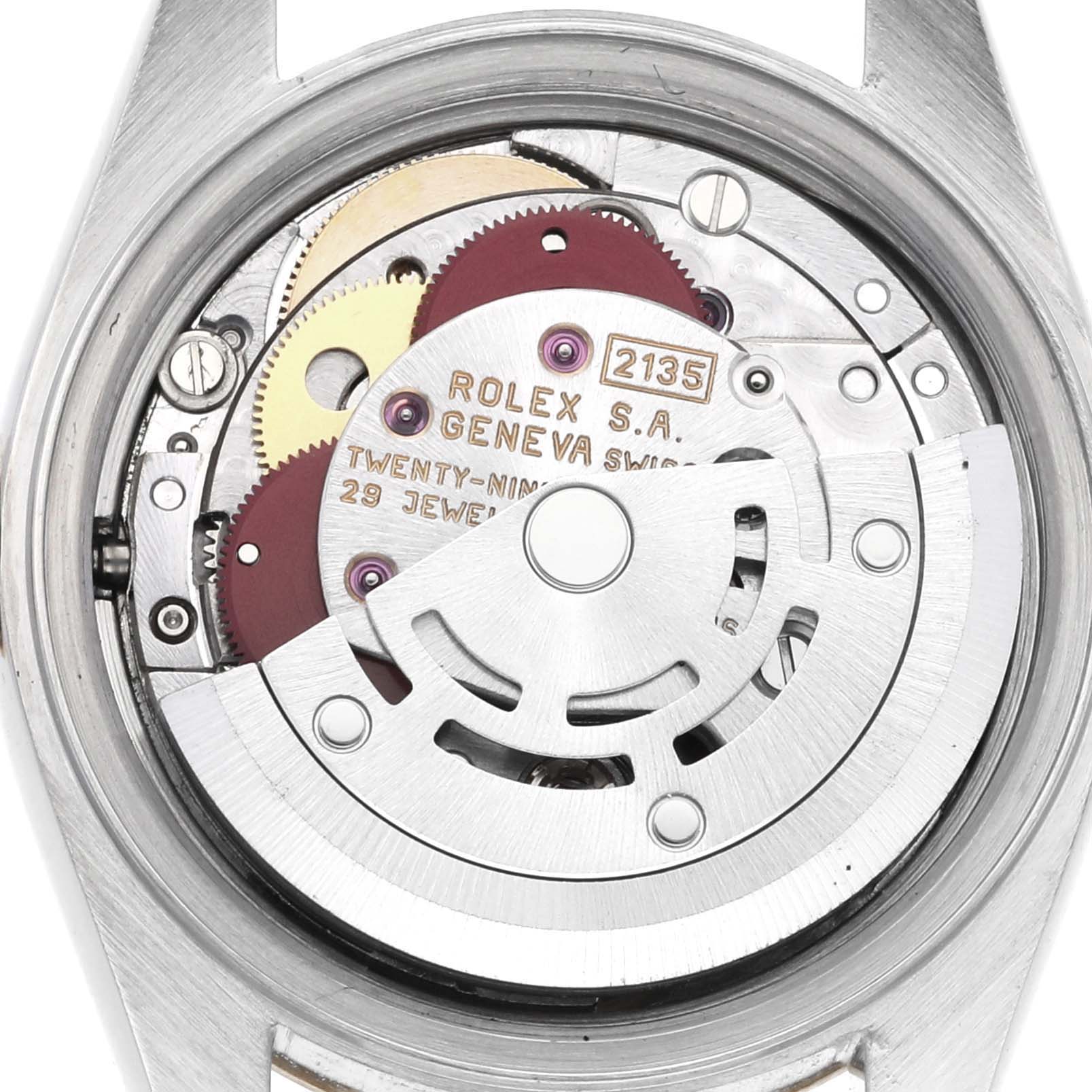 The image shows the detailed movement mechanism of a Rolex Datejust 69173 Women's Steel and Gold (two tone) Champagne Dial 69173 Women's Steel and Gold (two tone) Champagne Dial watch from a back angle.