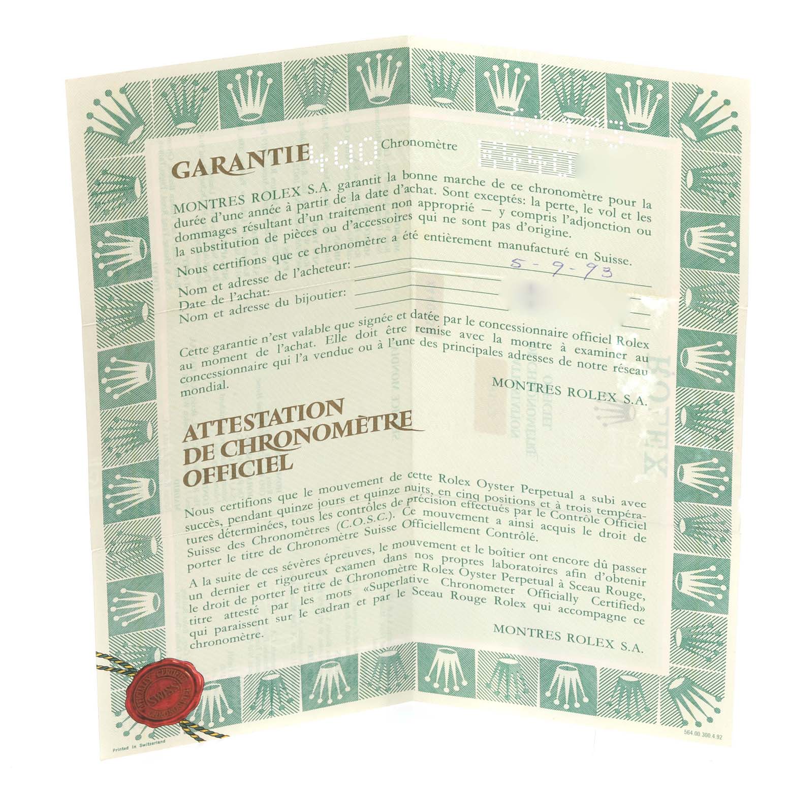 The image shows a warranty card and chronometer certification for a Rolex Datejust 69173 Women's Steel and Gold (two tone) Champagne Dial 69173 Women's Steel and Gold (two tone) Champagne Dial watch.