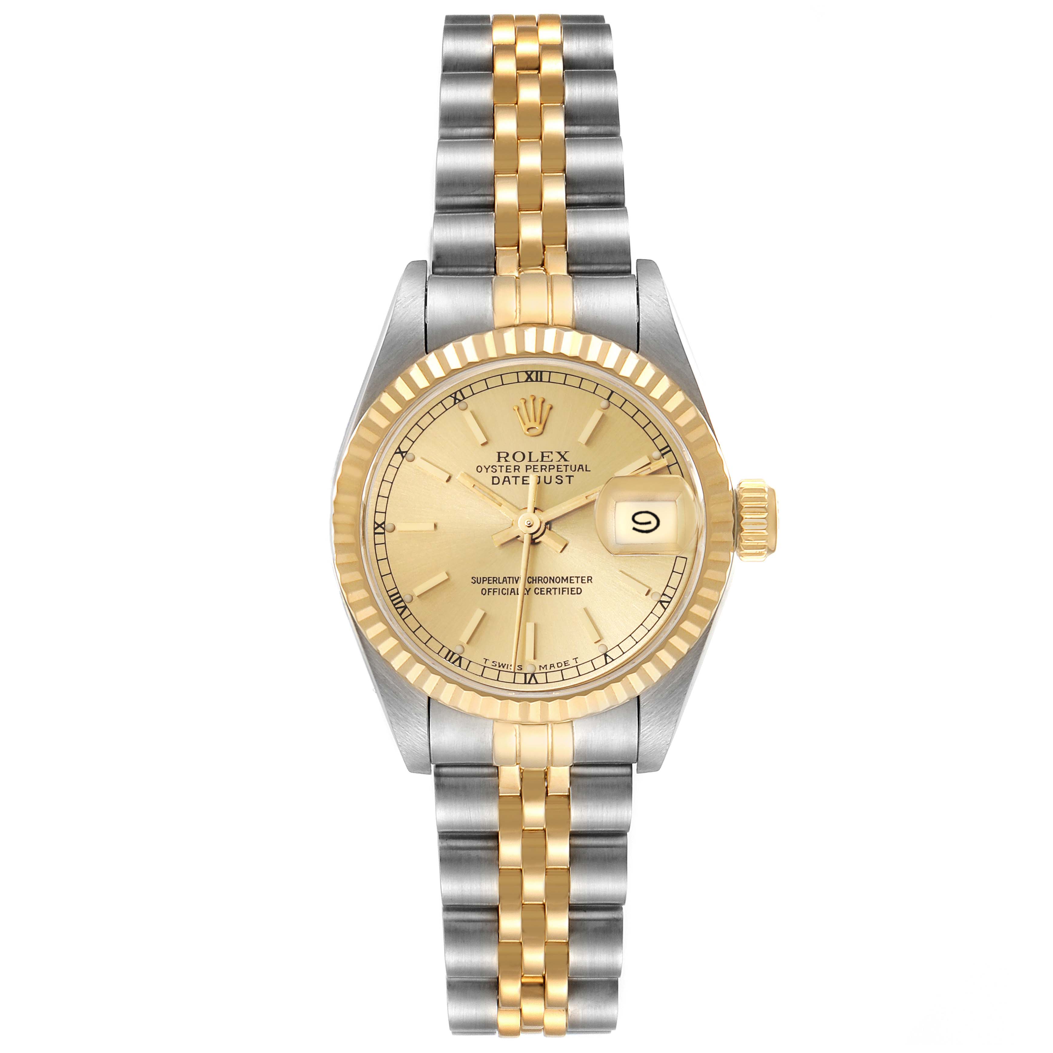 This image shows a front view of a Rolex Datejust 69173 Women's Steel and Gold (two tone) Champagne Dial 69173 Women's Steel and Gold (two tone) Champagne Dial watch, highlighting the dial, bezel, and bracelet.