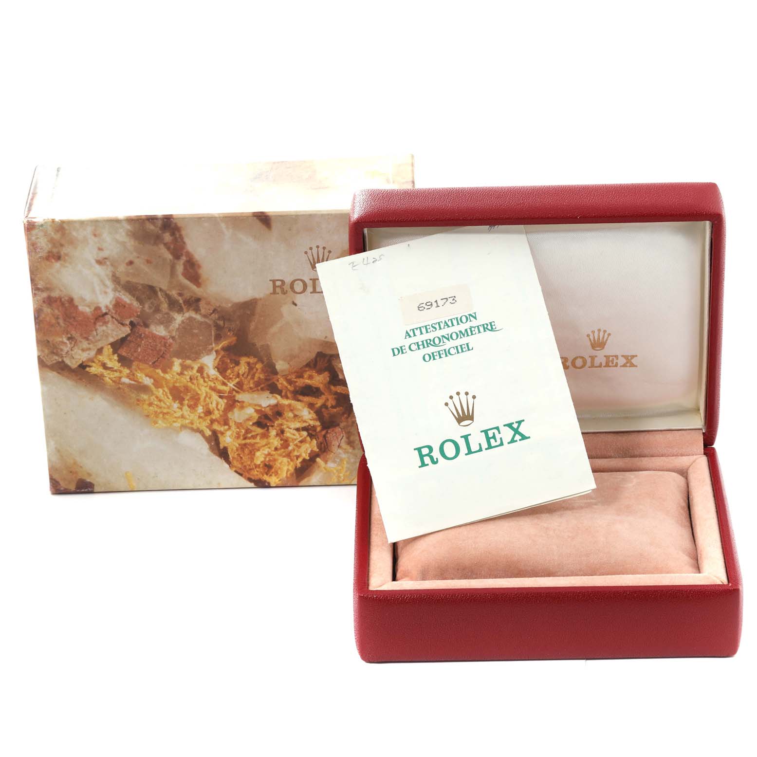 The image shows the packaging and certificate for a Rolex Datejust 69173 Women's Steel and Gold (two tone) Champagne Dial 69173 Women's Steel and Gold (two tone) Champagne Dial watch, including the box and official paperwork.