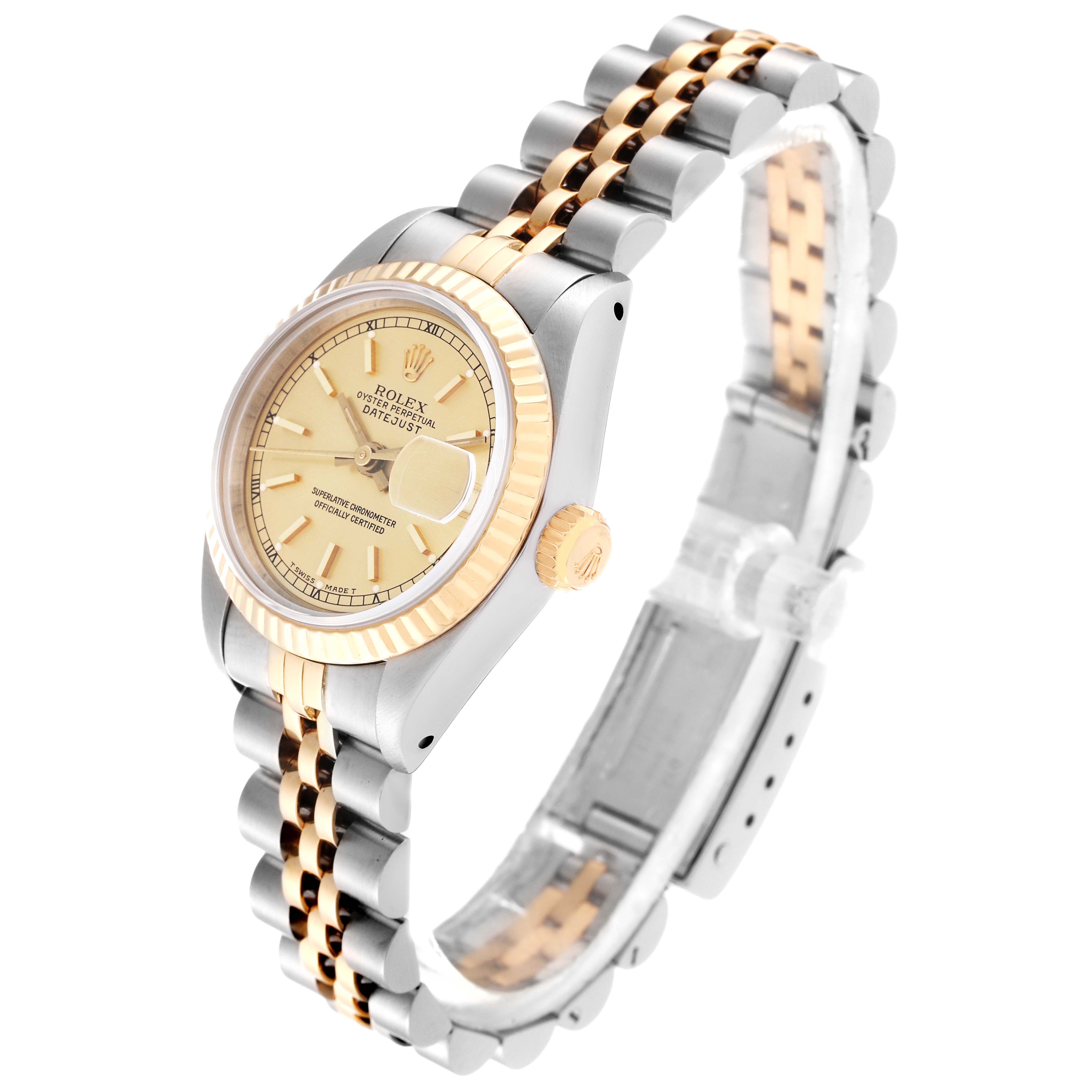 This Rolex Datejust 69173 Women's Steel and Gold (two tone) Champagne Dial 69173 Women's Steel and Gold (two tone) Champagne Dial watch is shown at a slight angle highlighting the dial, bracelet, crown, and part of the clasp.