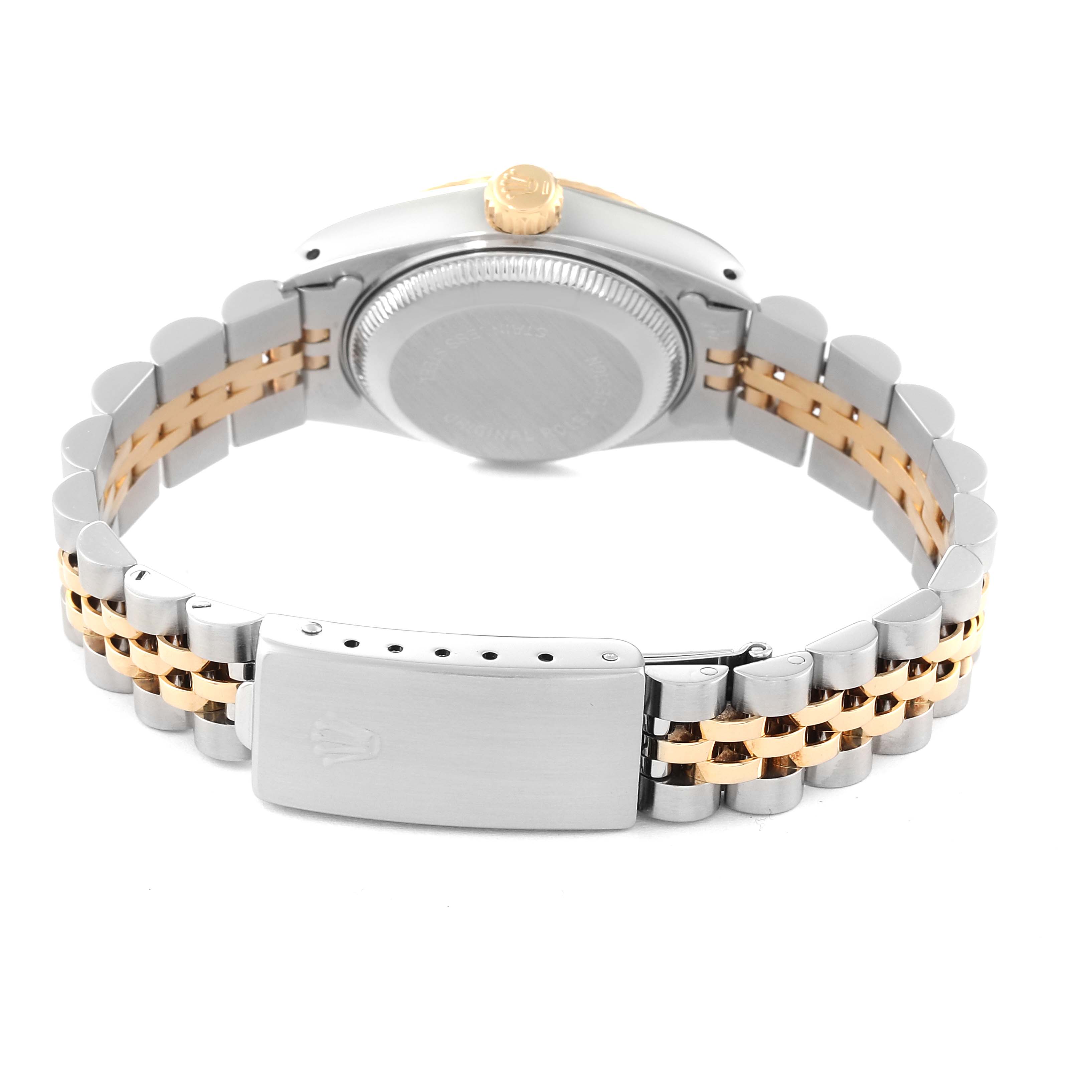 This image shows the back and bracelet of a Rolex Datejust 69173 Women's Steel and Gold (two tone) Champagne Dial 69173 Women's Steel and Gold (two tone) Champagne Dial watch, highlighting its two-tone metal design and clasp.