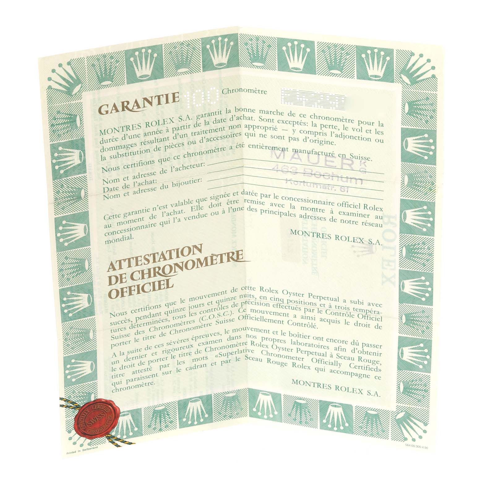 The image shows the official warranty and chronometer certification documents for a Rolex Datejust 69173 Women's Steel and Gold (two tone) Champagne Dial 69173 Women's Steel and Gold (two tone) Champagne Dial watch.