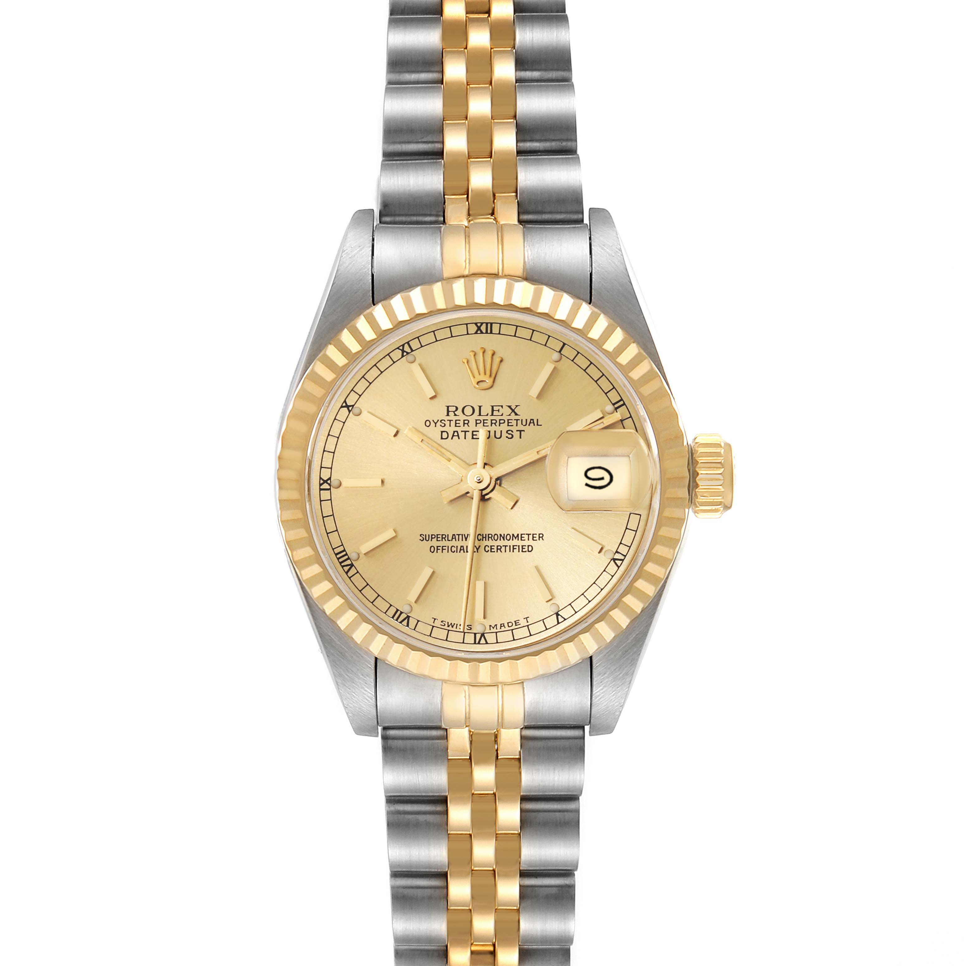 The image shows a front view of a Rolex Datejust 69173 Women's Steel and Gold (two tone) Champagne Dial 69173 Women's Steel and Gold (two tone) Champagne Dial watch, displaying its dial, bezel, and two-tone bracelet.