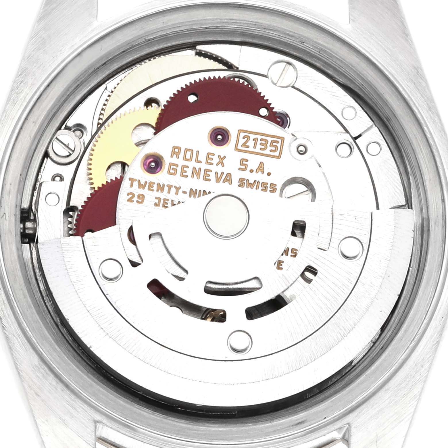 This image shows the movement mechanism of a Rolex Datejust 69173 Women's Steel and Gold (two tone) Champagne Dial 69173 Women's Steel and Gold (two tone) Champagne Dial watch from the back.