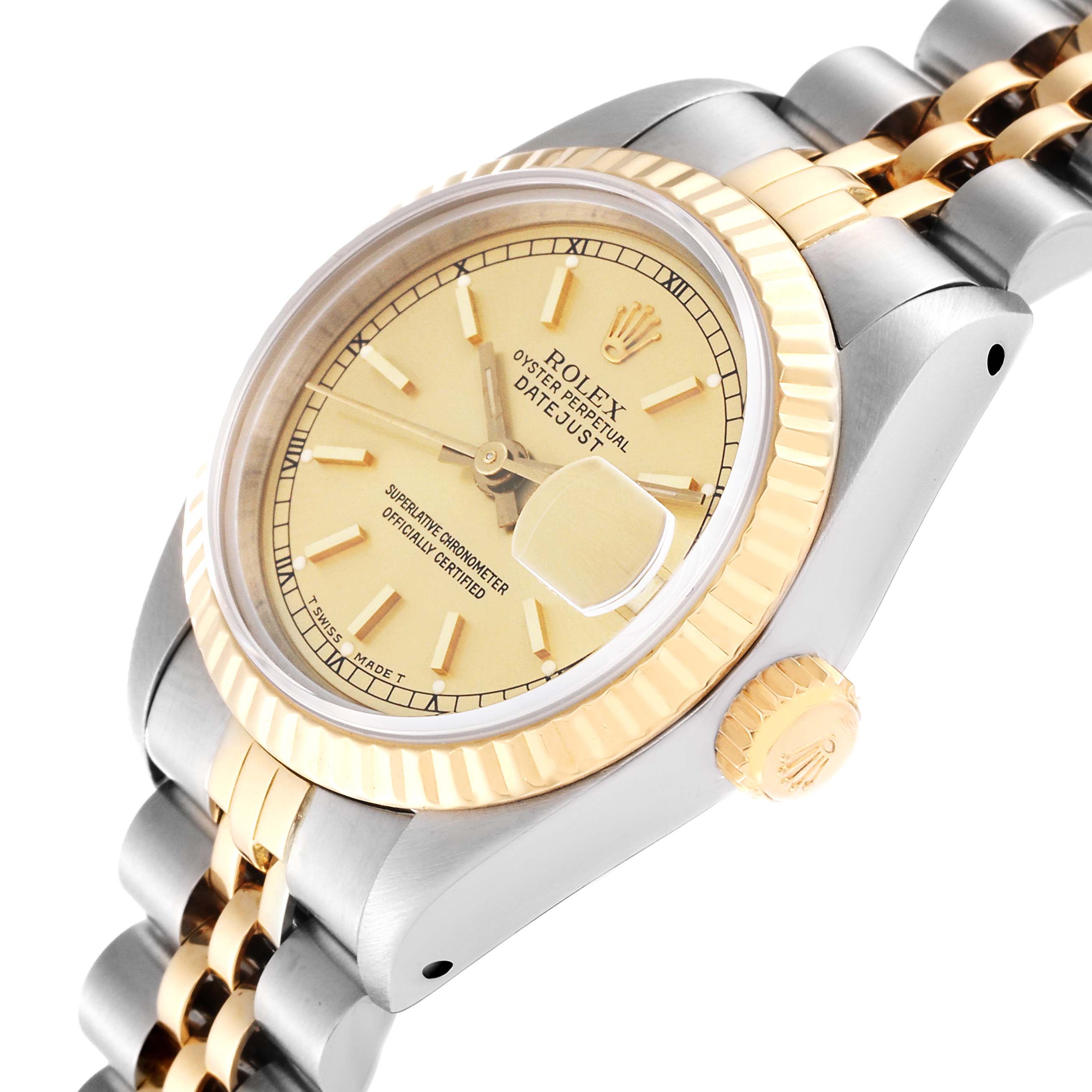 This Rolex Datejust 69173 Women's Steel and Gold (two tone) Champagne Dial 69173 Women's Steel and Gold (two tone) Champagne Dial watch is shown at a slight angle displaying the face, bezel, crown, and part of the bracelet.