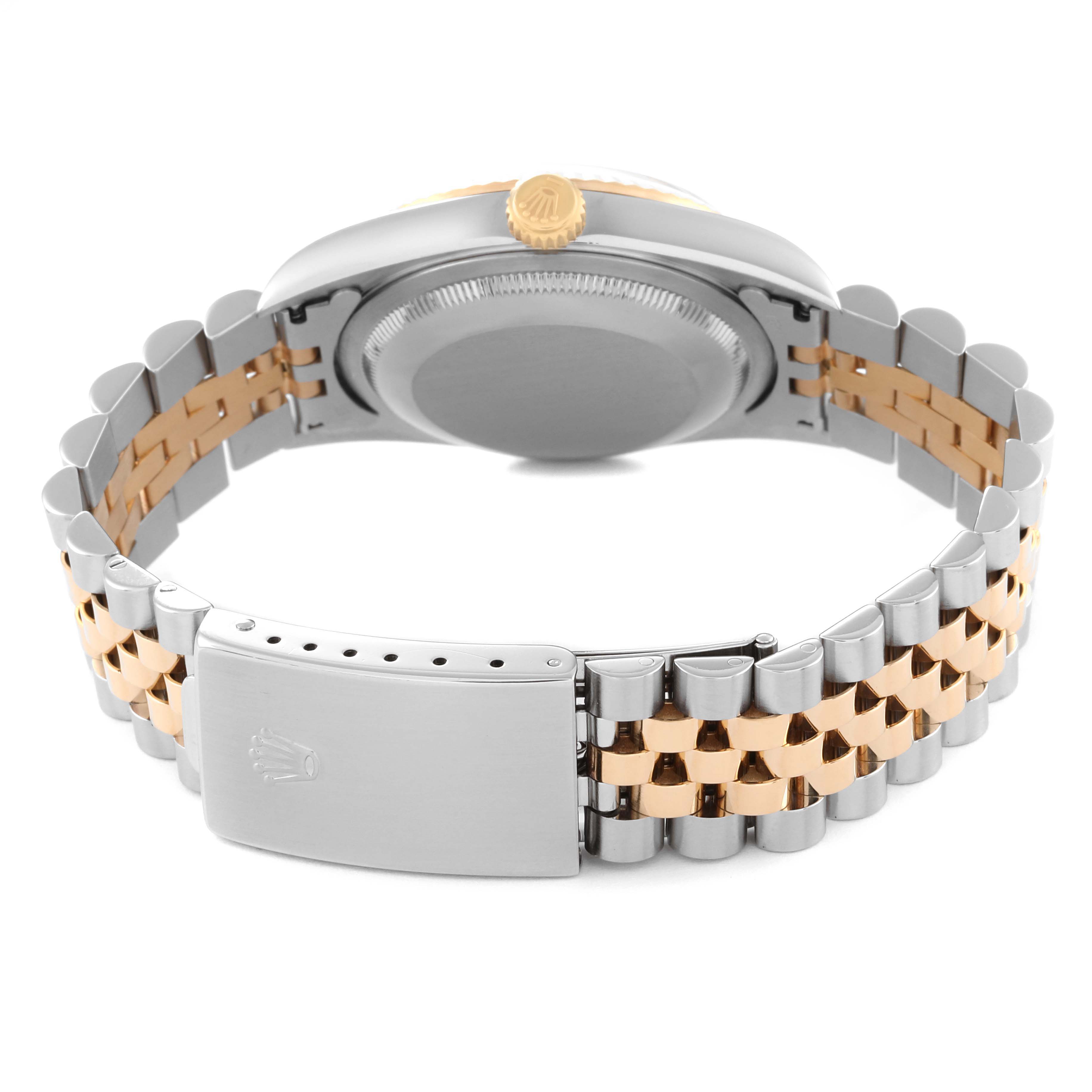 This image shows the back view of a Rolex Datejust 16233 Men's Steel and Gold (two tone) White Dial 16233 Men's Steel and Gold (two tone) White Dial watch, highlighting the clasp and bracelet.