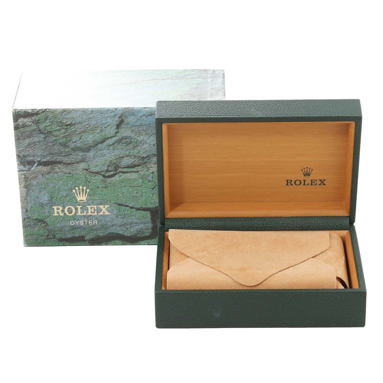 This image shows the packaging for a Datejust model by Rolex, including an outer box and an open inner box with a sleeve.
