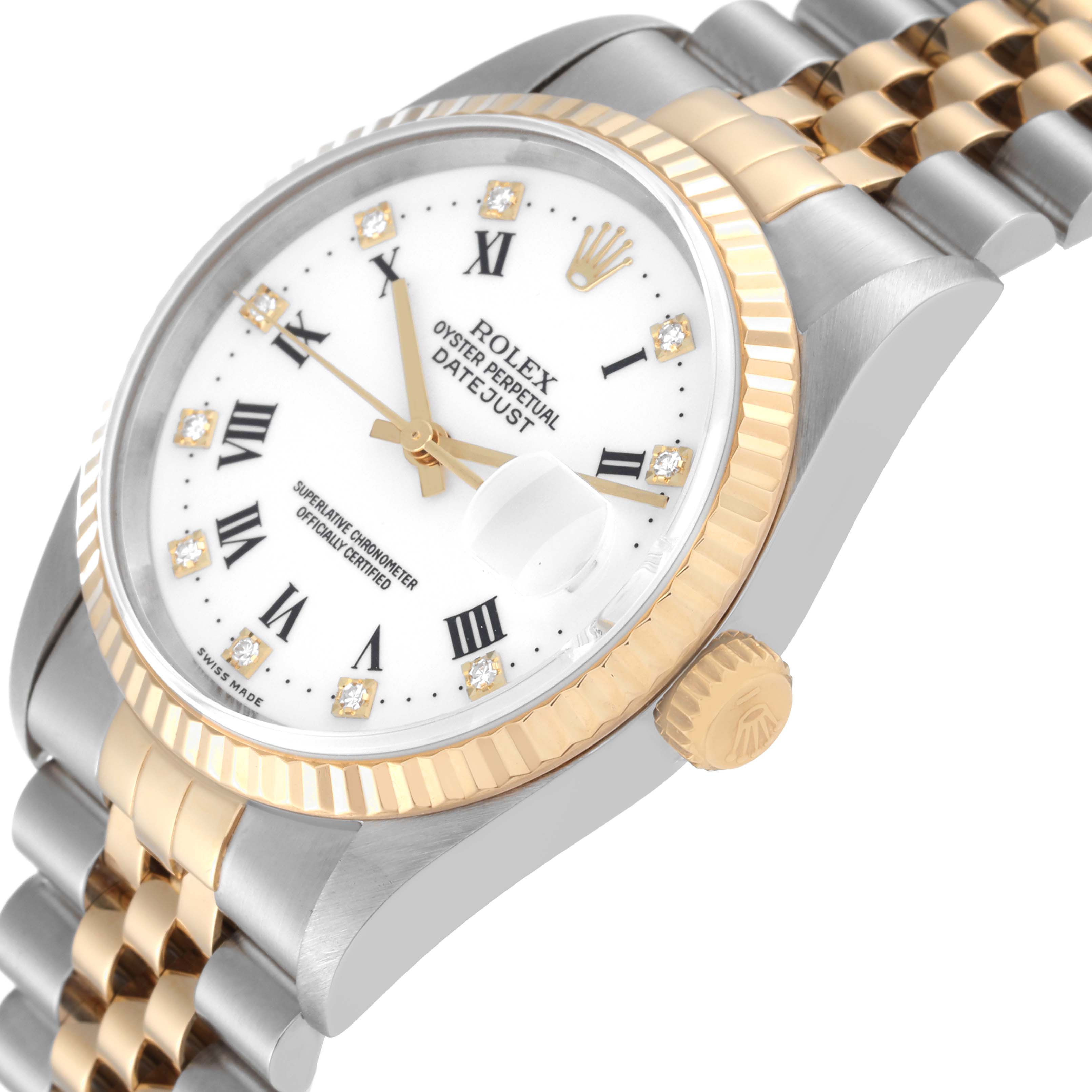 The image shows a close-up angled view of the Rolex Datejust 16233 Men's Steel and Gold (two tone) White Dial 16233 Men's Steel and Gold (two tone) White Dial watch, focusing on the face, bezel, and part of the bracelet.