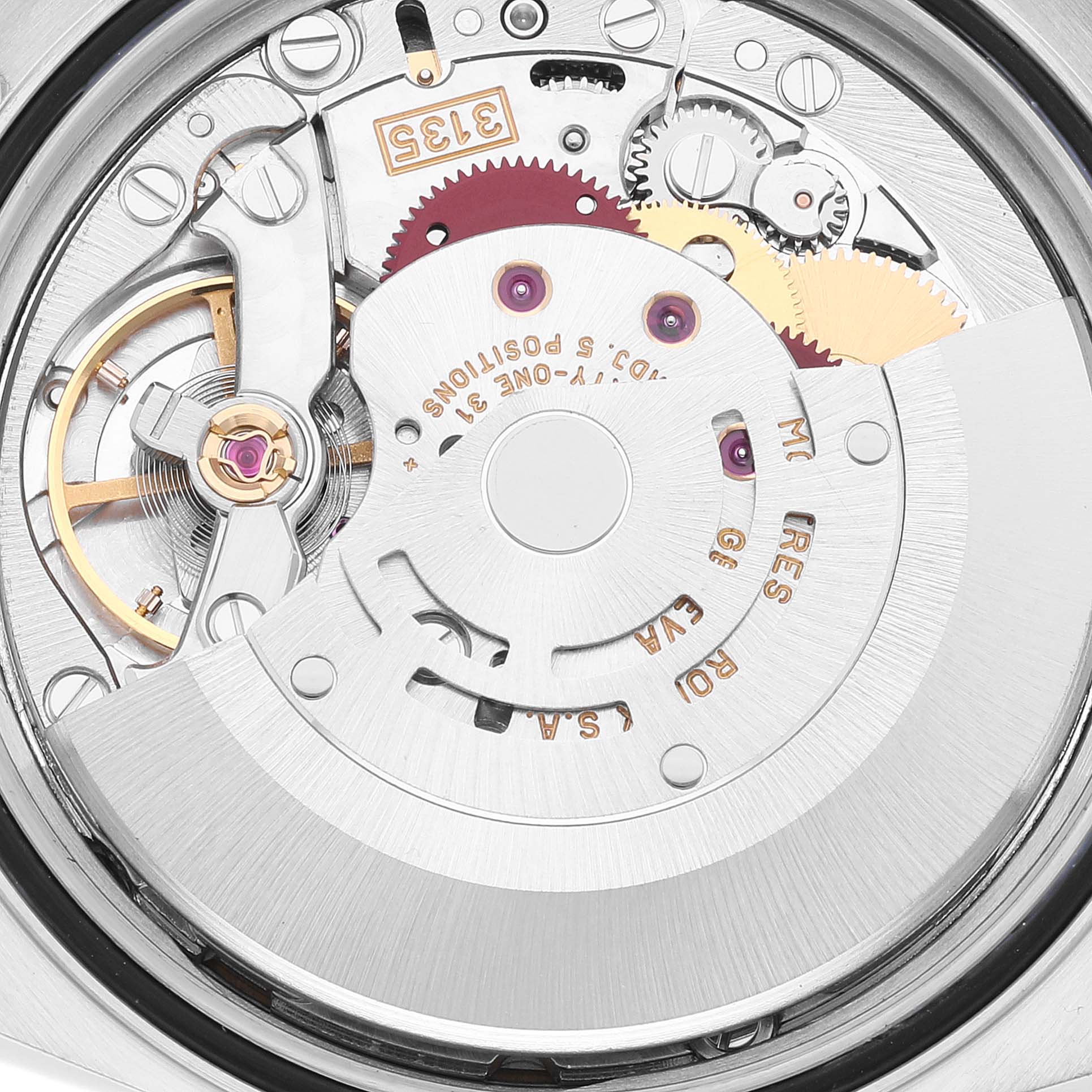 This image shows the inner mechanical movement of a Rolex Datejust 16233 Men's Steel and Gold (two tone) White Dial 16233 Men's Steel and Gold (two tone) White Dial watch at a top-down angle.