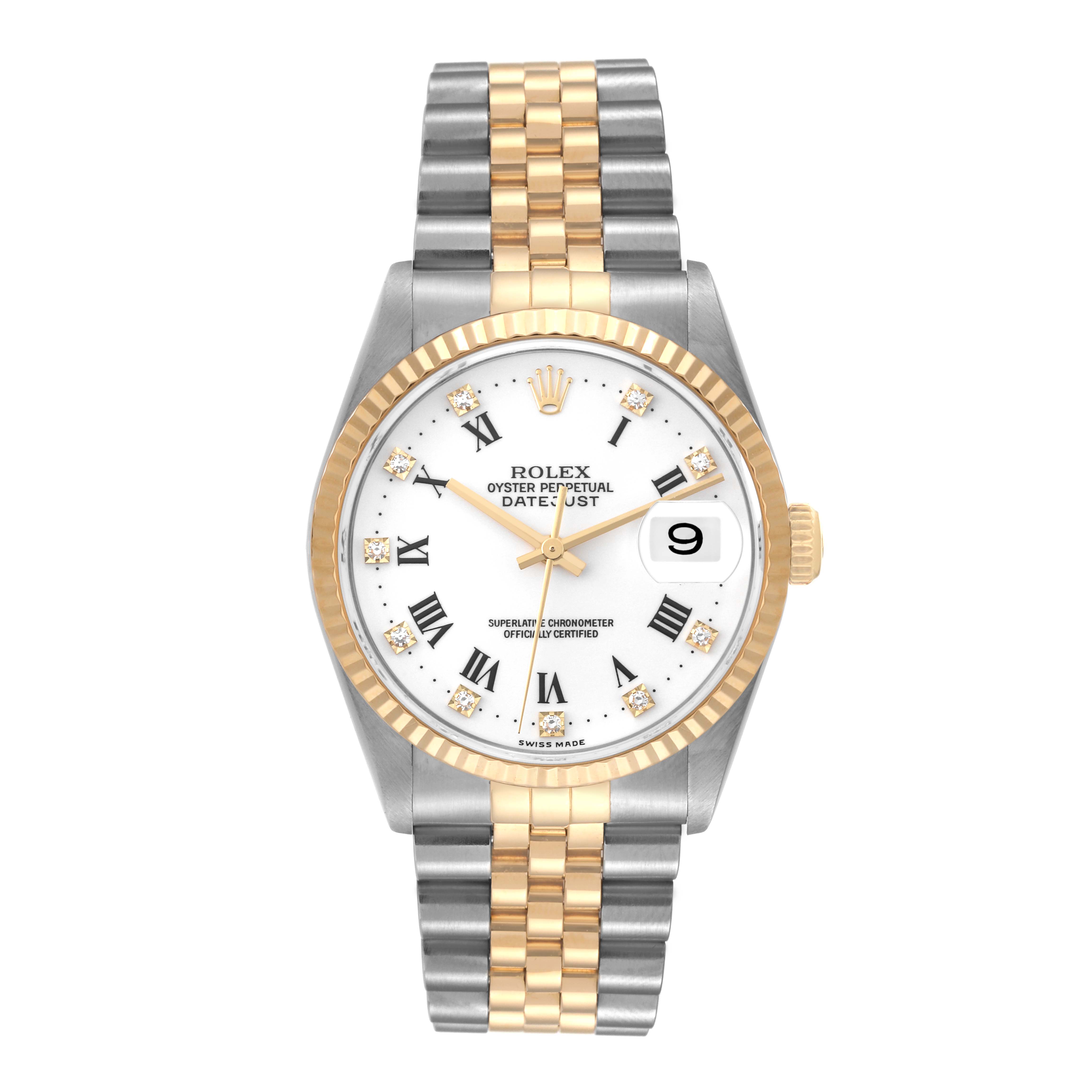 The image shows a front view of a Rolex Datejust 16233 Men's Steel and Gold (two tone) White Dial 16233 Men's Steel and Gold (two tone) White Dial model watch with a two-tone metal bracelet and fluted bezel.