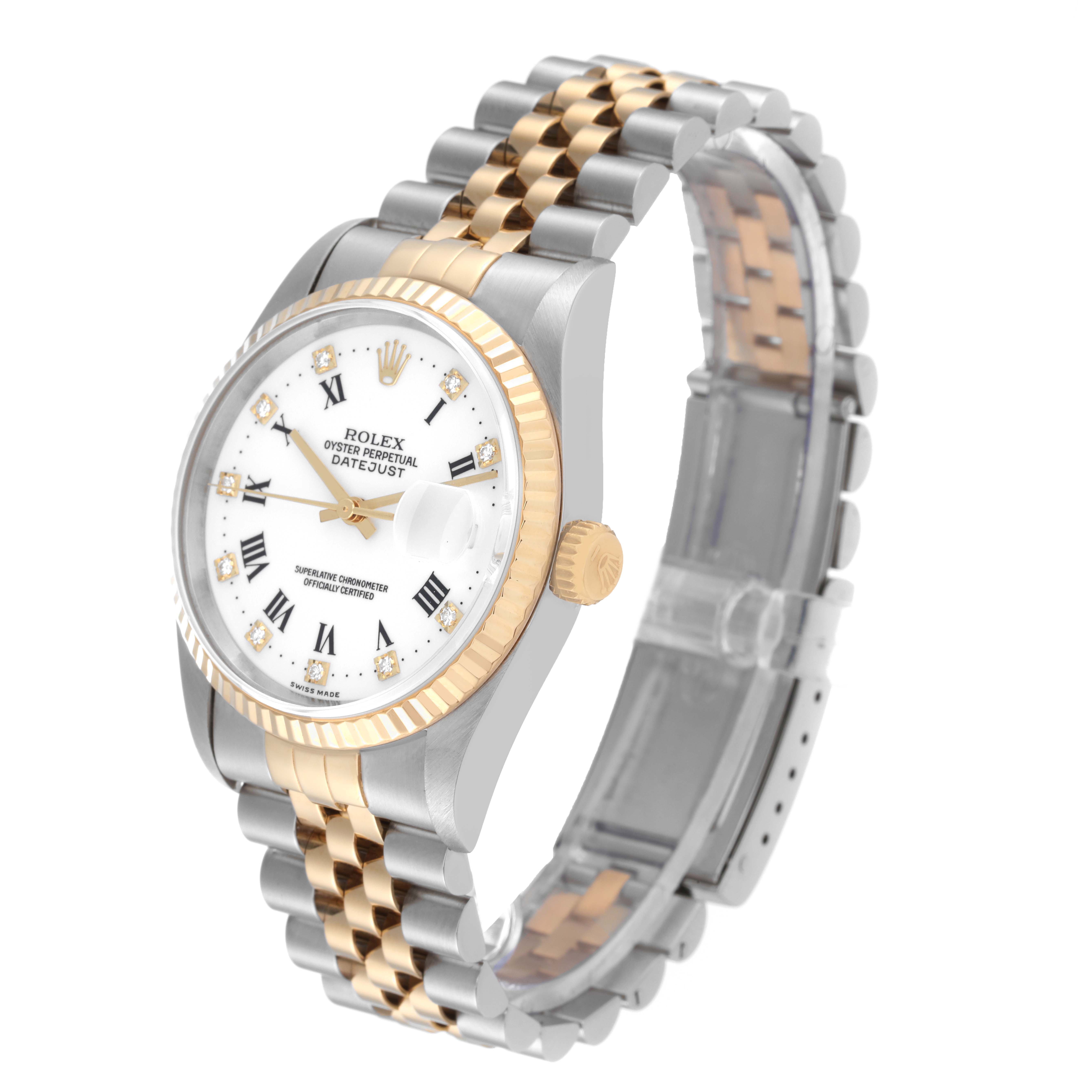The image shows a Rolex Datejust 16233 Men's Steel and Gold (two tone) White Dial 16233 Men's Steel and Gold (two tone) White Dial watch at an angle highlighting its dial, bezel, crown, and two-tone bracelet.