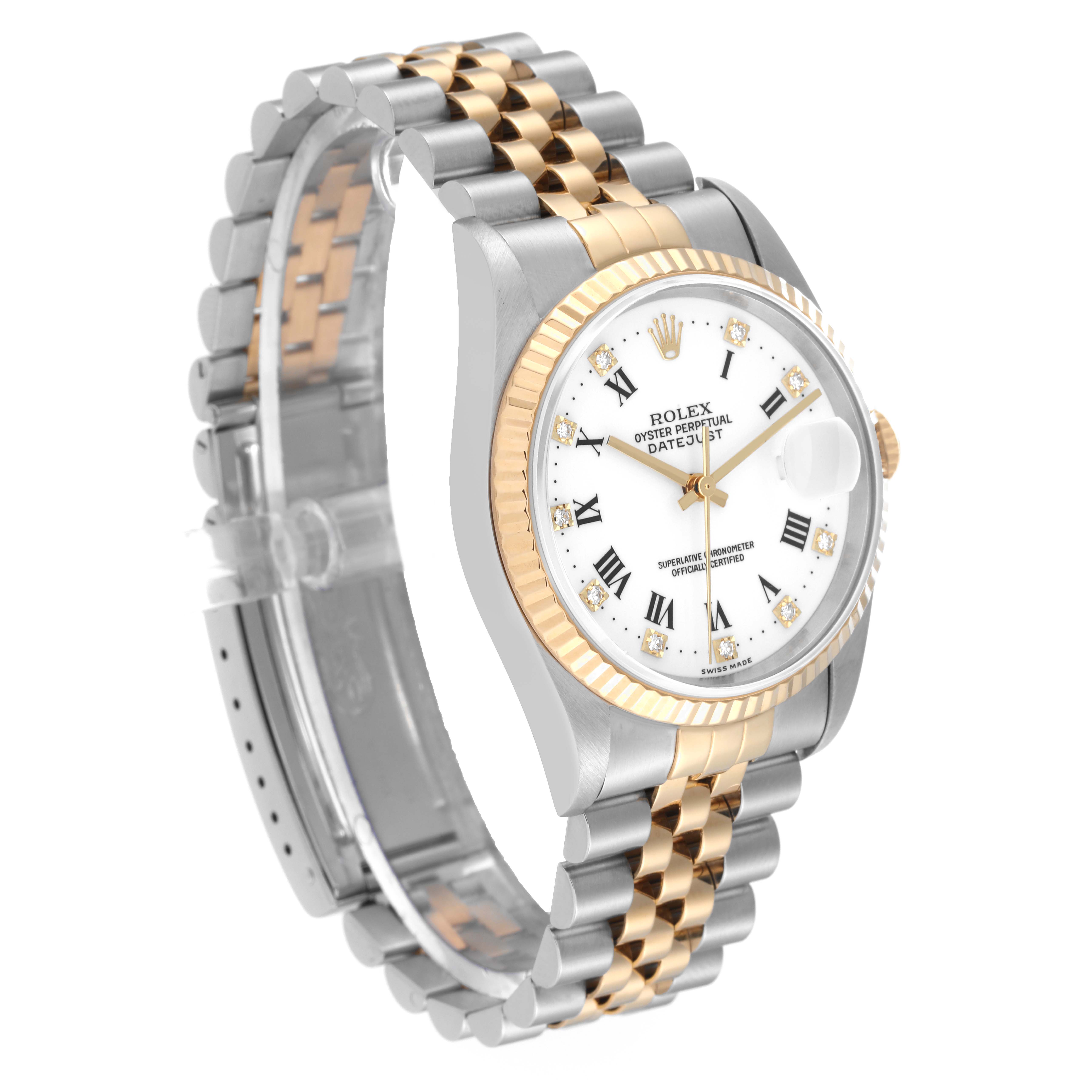 This image shows a Rolex Datejust 16233 Men's Steel and Gold (two tone) White Dial 16233 Men's Steel and Gold (two tone) White Dial watch at an angled side view, highlighting the face, bezel, and two-tone bracelet.