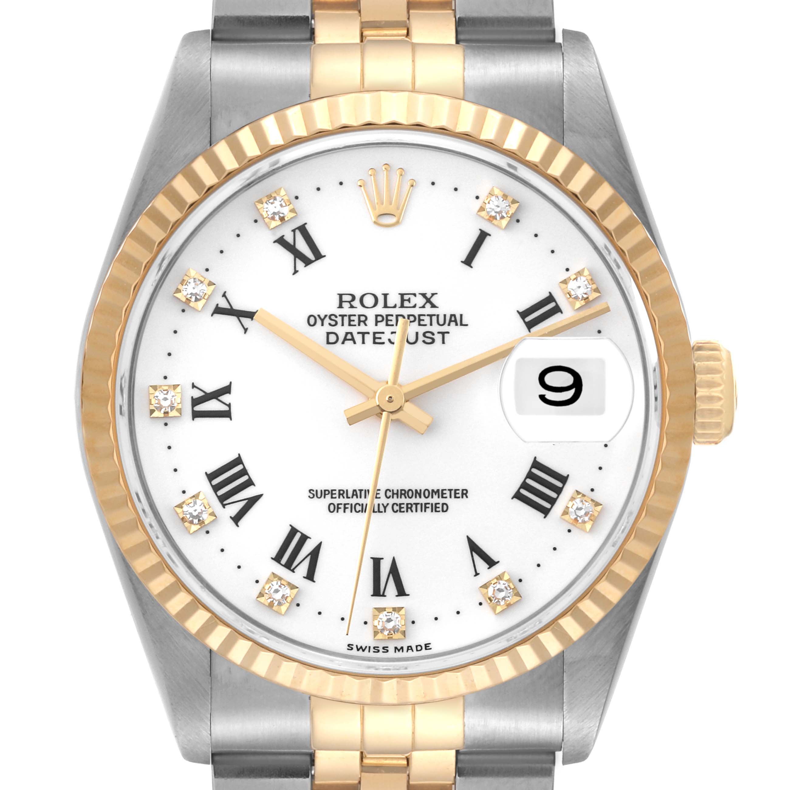 The image shows a front view of a Rolex Datejust 16233 Men's Steel and Gold (two tone) White Dial 16233 Men's Steel and Gold (two tone) White Dial watch, displaying the dial, bezel, crown, and part of the bracelet.