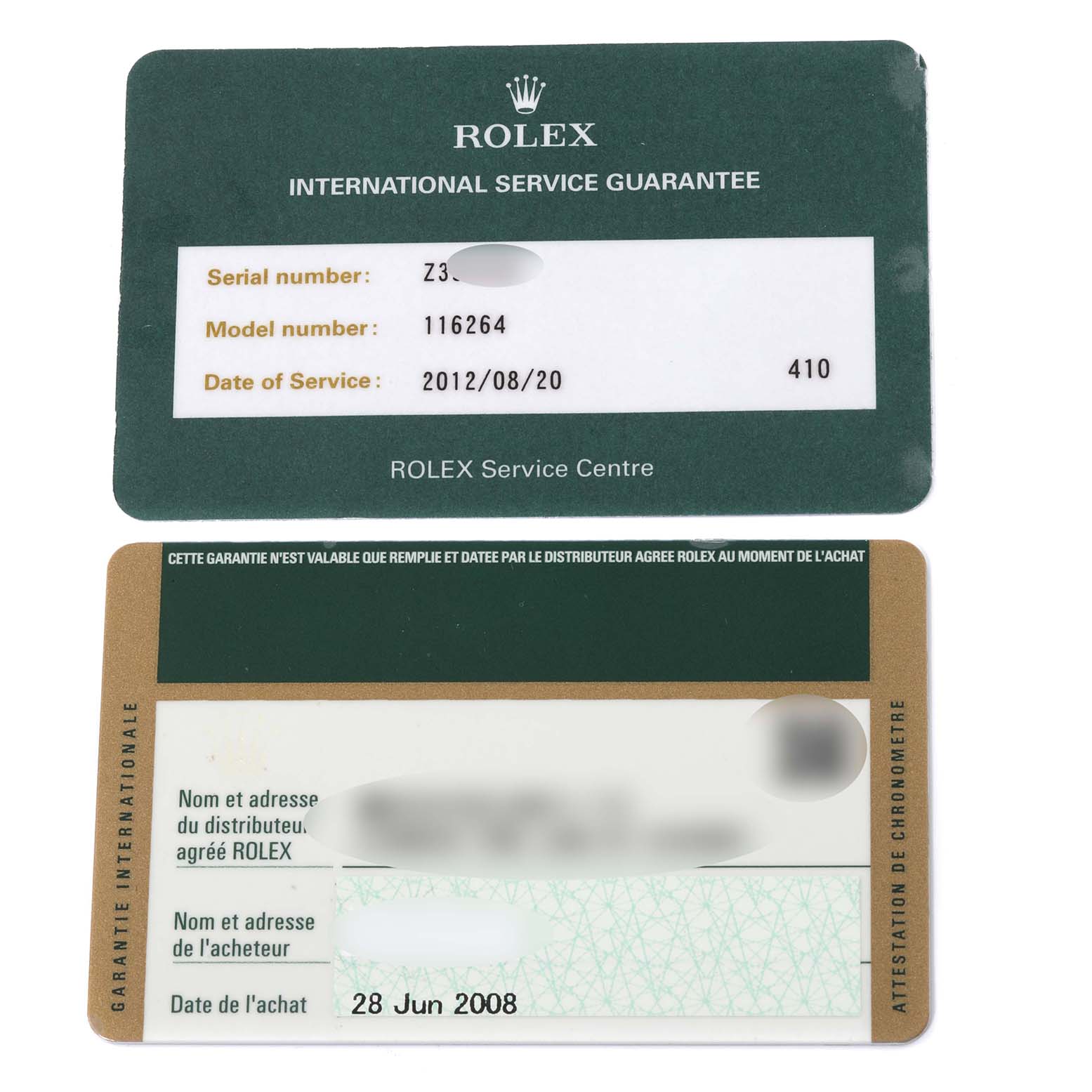 The image shows two guarantee and service cards for the Rolex Turn-o-Graph 116264 Men's Stainless Steel Black Dial 116264 Men's Stainless Steel Black Dial model.