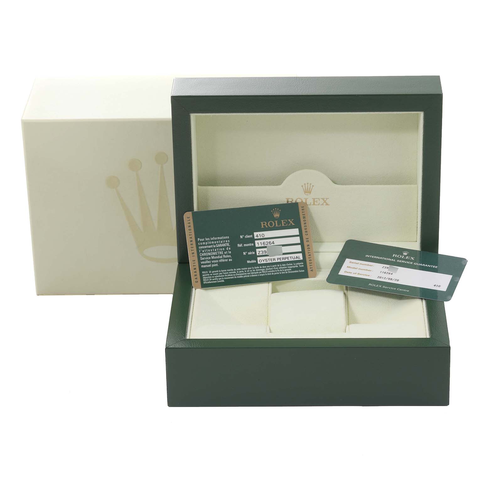 The image shows the packaging and warranty cards for a Rolex Turn-o-Graph 116264 Men's Stainless Steel Black Dial 116264 Men's Stainless Steel Black Dial watch.