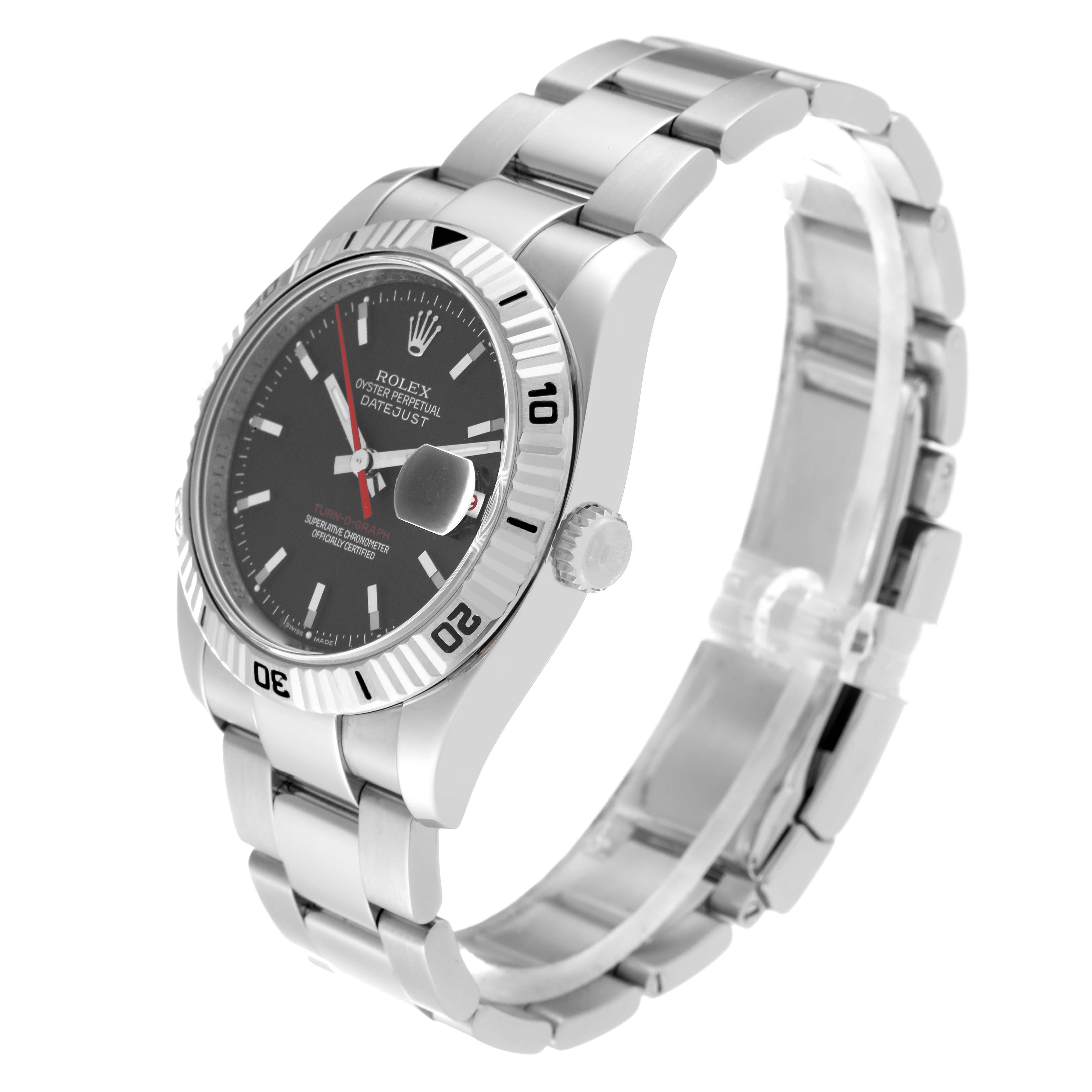 The image shows a side angle view of a Rolex Turn-o-Graph 116264 Men's Stainless Steel Black Dial 116264 Men's Stainless Steel Black Dial watch, highlighting the bracelet, dial, and bezel.