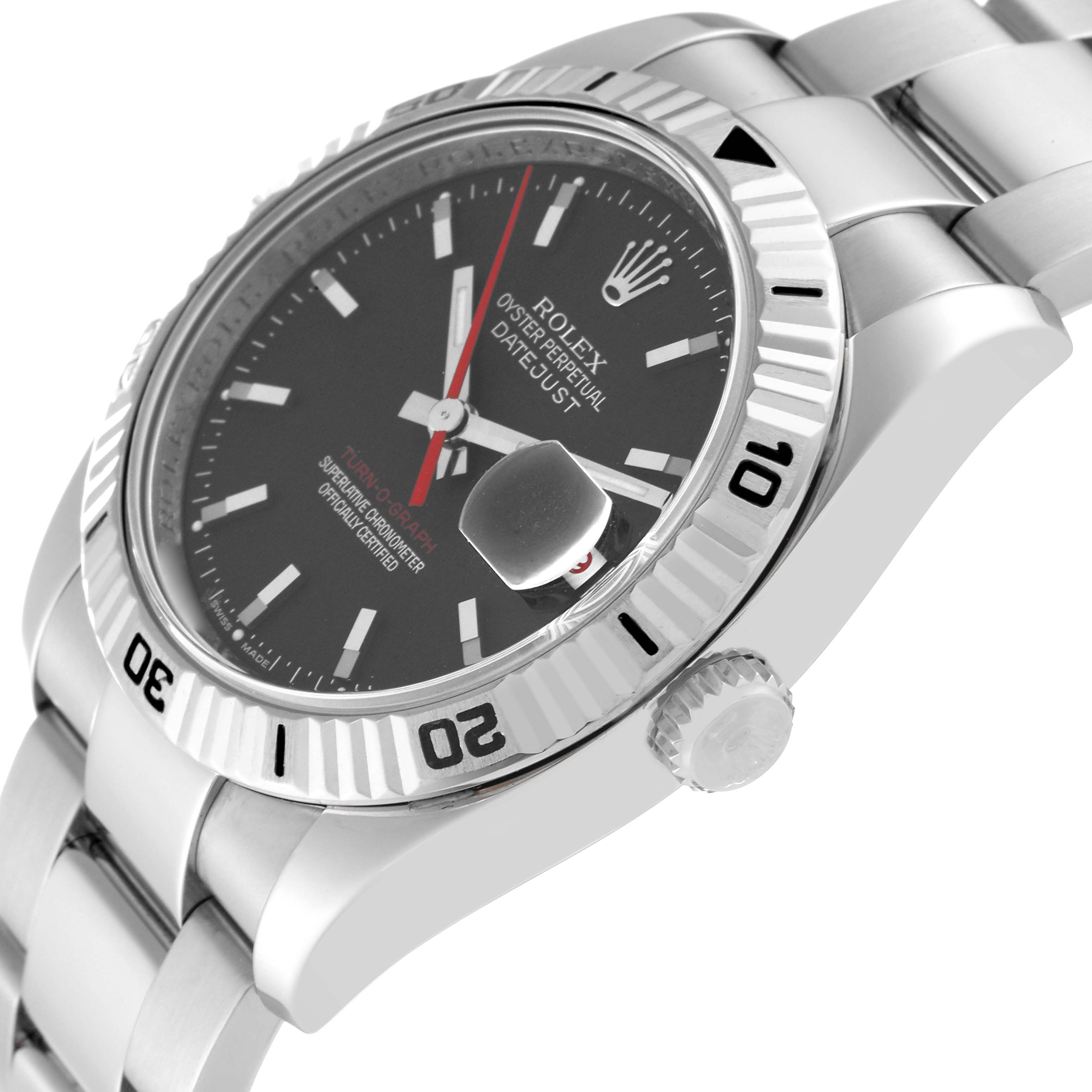The image shows a close-up angled view of the Rolex Turn-o-Graph 116264 Men's Stainless Steel Black Dial 116264 Men's Stainless Steel Black Dial watch, highlighting the dial, bezel, case, and part of the bracelet.