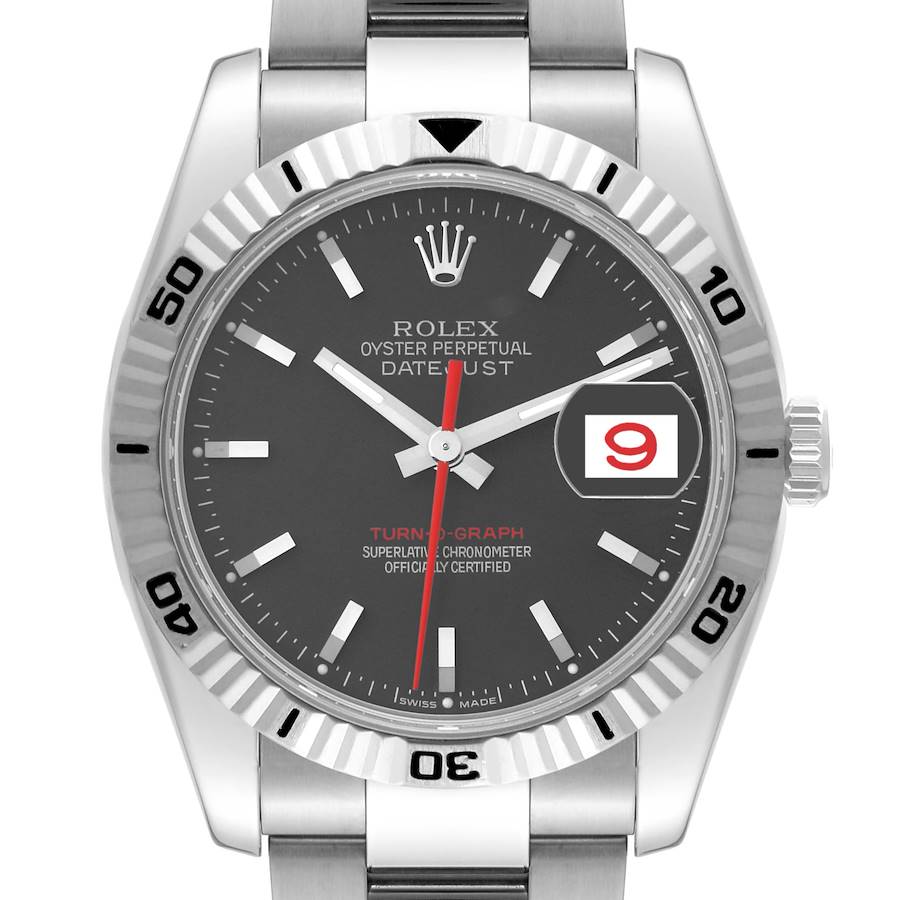 The image shows a front view of a Rolex Turn-o-Graph watch, highlighting the bezel, dial, hands, and date window.