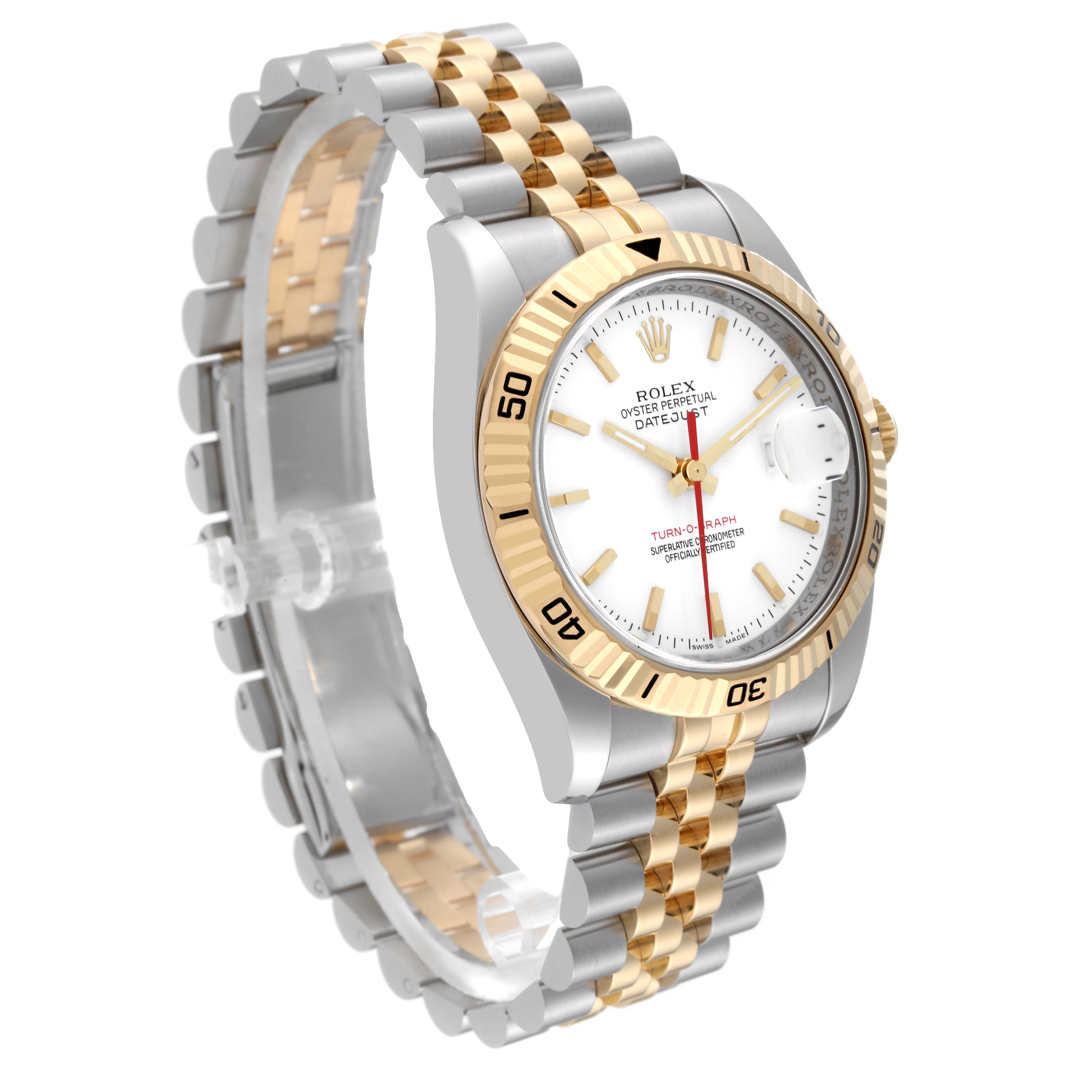 The Rolex Turn-o-Graph 116263 Men
s Steel and Gold (two tone) White Dial 116263 Men
s Steel and Gold (two tone) White Dial watch is shown at a three-quarter angle, displaying its white dial, gold bezel, and two-tone bracelet.