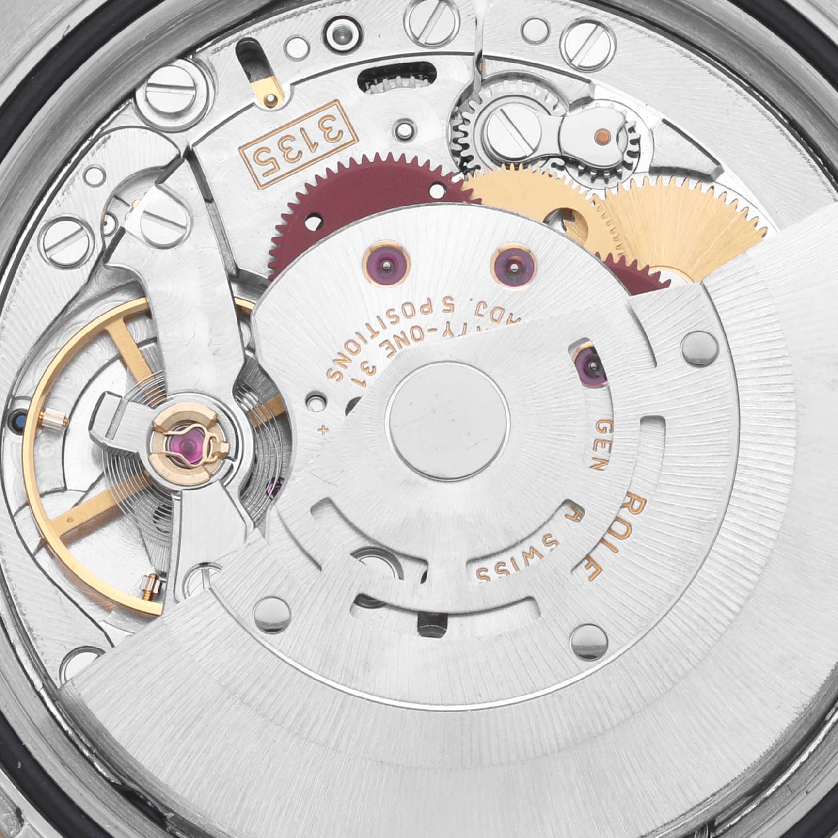 This image shows the intricate internal movement parts of the Rolex Turn-o-Graph 116263 Men
s Steel and Gold (two tone) White Dial 116263 Men
s Steel and Gold (two tone) White Dial watch model, from a close-up angle.