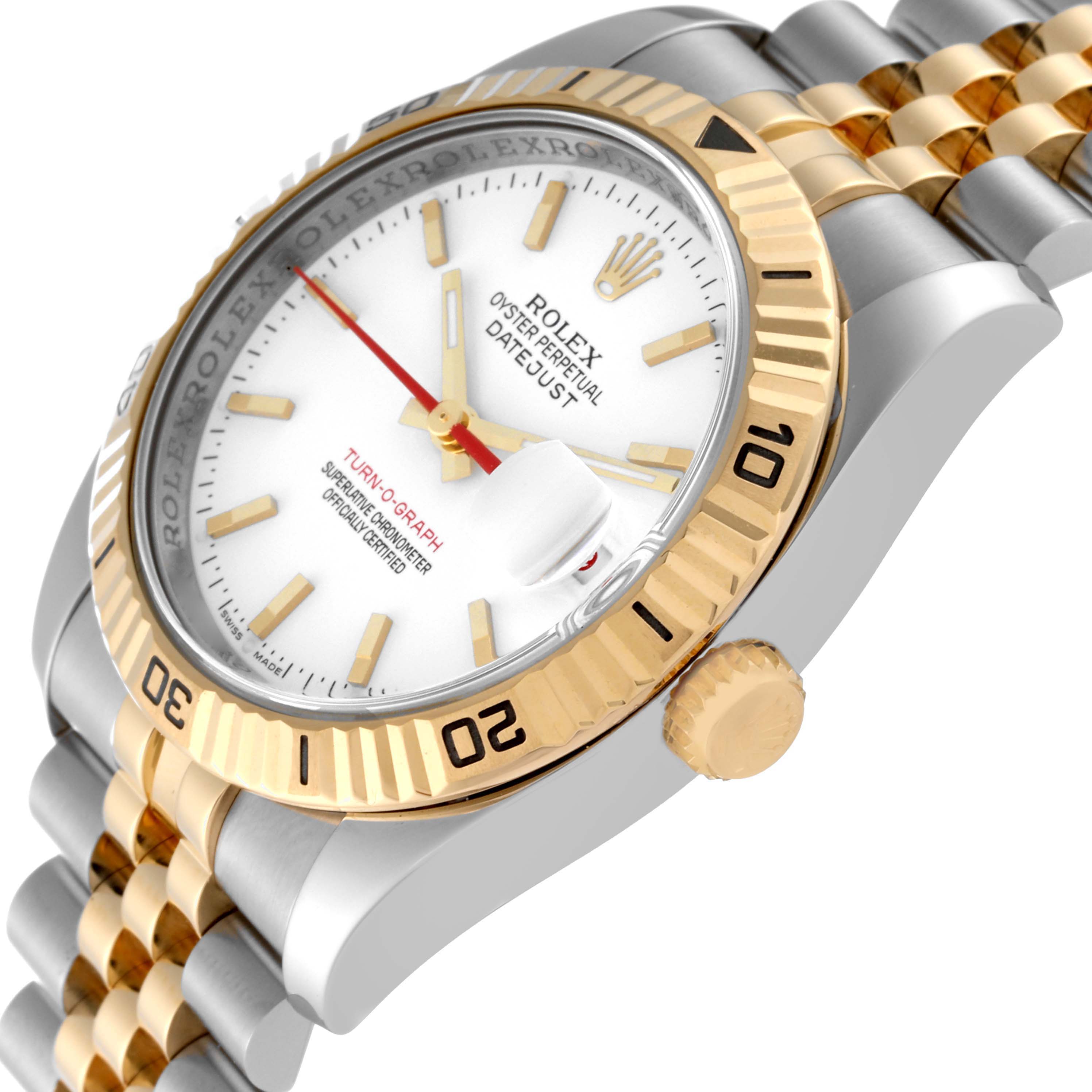 The image shows a side angle of a Rolex Turn-o-Graph 116263 Men
s Steel and Gold (two tone) White Dial 116263 Men
s Steel and Gold (two tone) White Dial watch, highlighting the bezel, crown, and part of the bracelet.