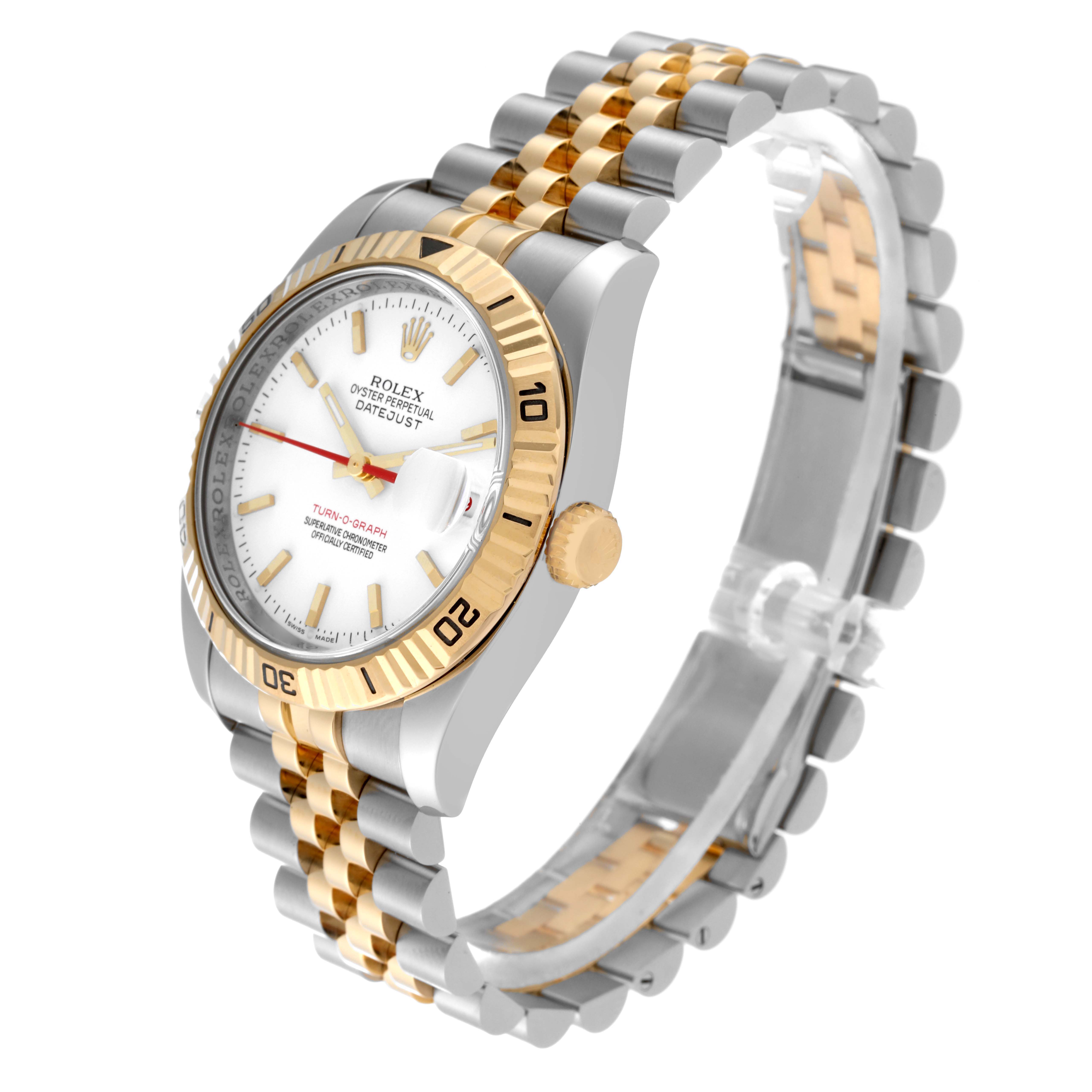 The Rolex Turn-o-Graph 116263 Men
s Steel and Gold (two tone) White Dial 116263 Men
s Steel and Gold (two tone) White Dial watch is shown at a slight angle, displaying its bracelet, bezel, crown, and face.