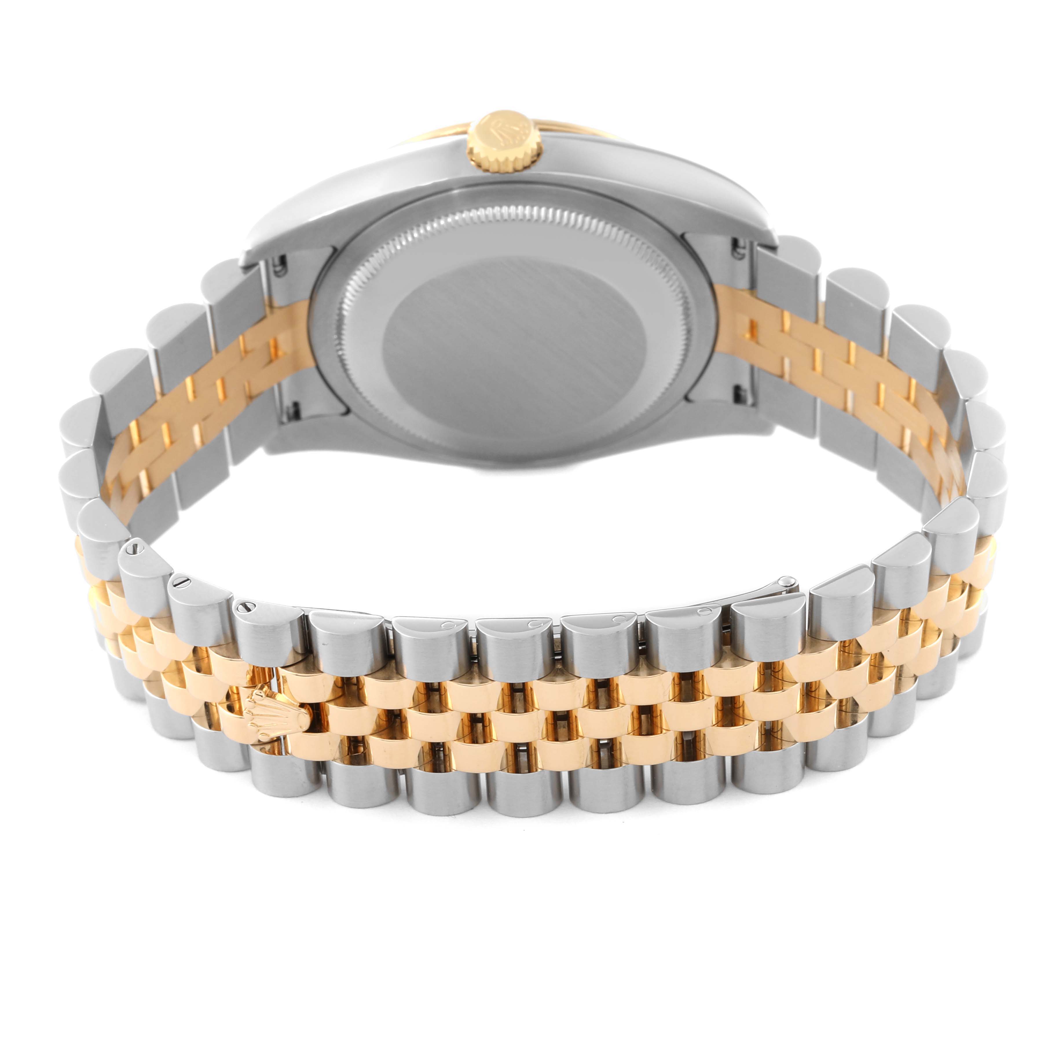 This image shows the back case and Jubilee bracelet of the Rolex Turn-o-Graph 116263 Men
s Steel and Gold (two tone) White Dial 116263 Men
s Steel and Gold (two tone) White Dial watch from a rear angle.