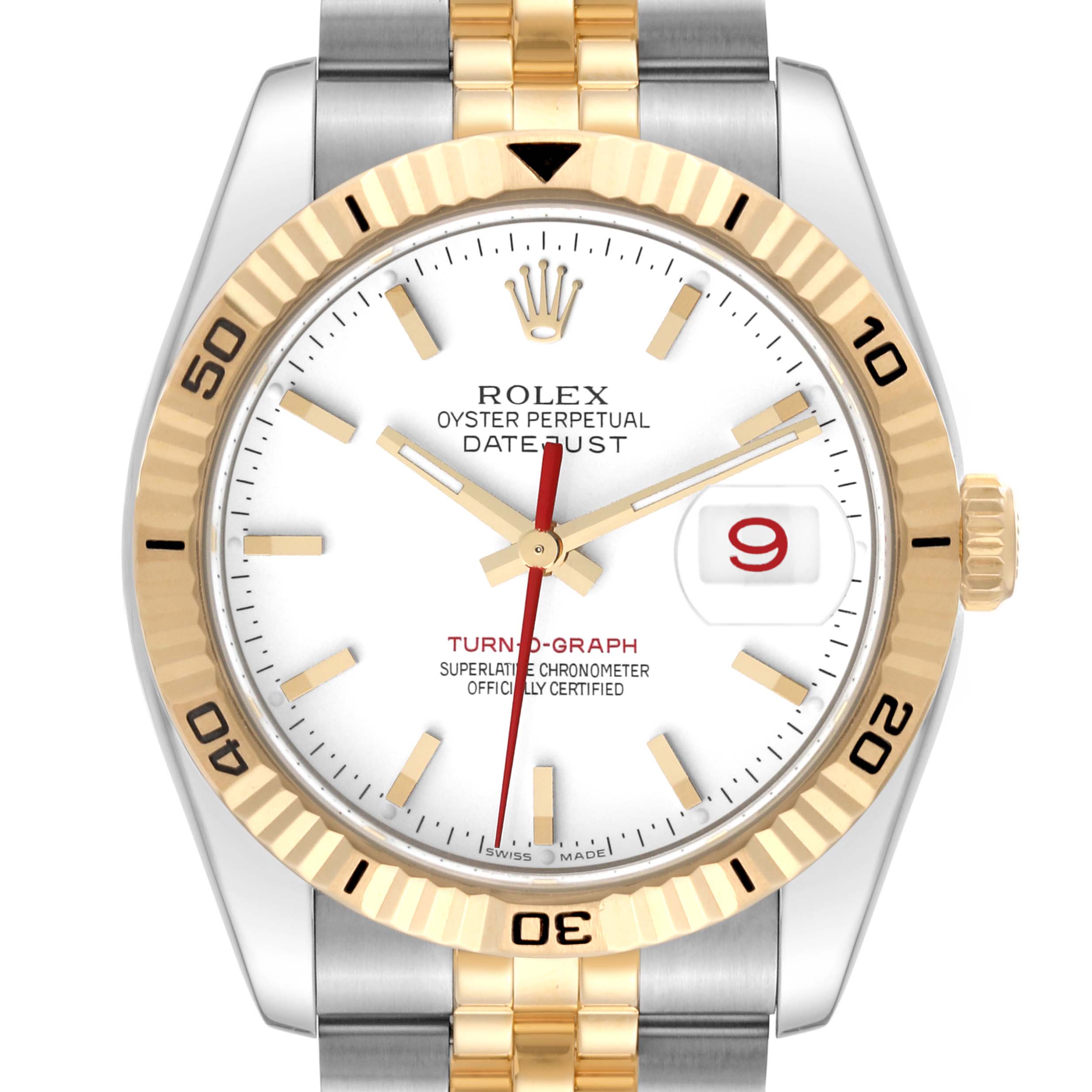 Front view of a Rolex Turn-o-Graph 116263 Men
s Steel and Gold (two tone) White Dial 116263 Men
s Steel and Gold (two tone) White Dial watch, showing its face, bezel, crown, and part of the bracelet.