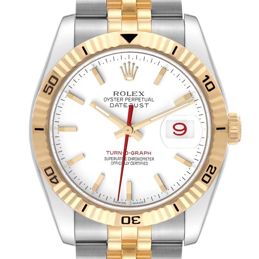 Rolex Datejust TurnoGraph Steel Yellow Gold White Dial Watch 116263 Box Card SwissWatchExpo