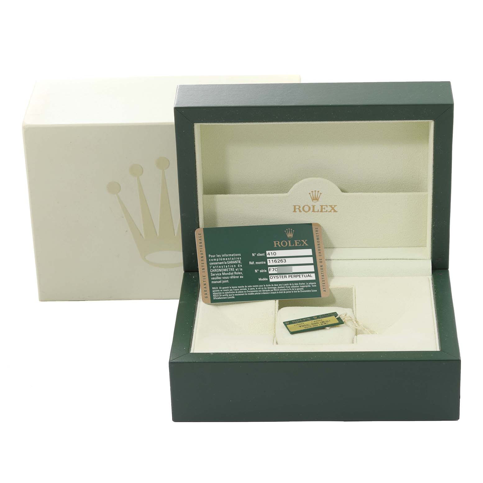 This image shows the packaging, certificate card, and tags of the Rolex Turn-o-Graph 116263 Men
s Steel and Gold (two tone) White Dial 116263 Men
s Steel and Gold (two tone) White Dial watch.