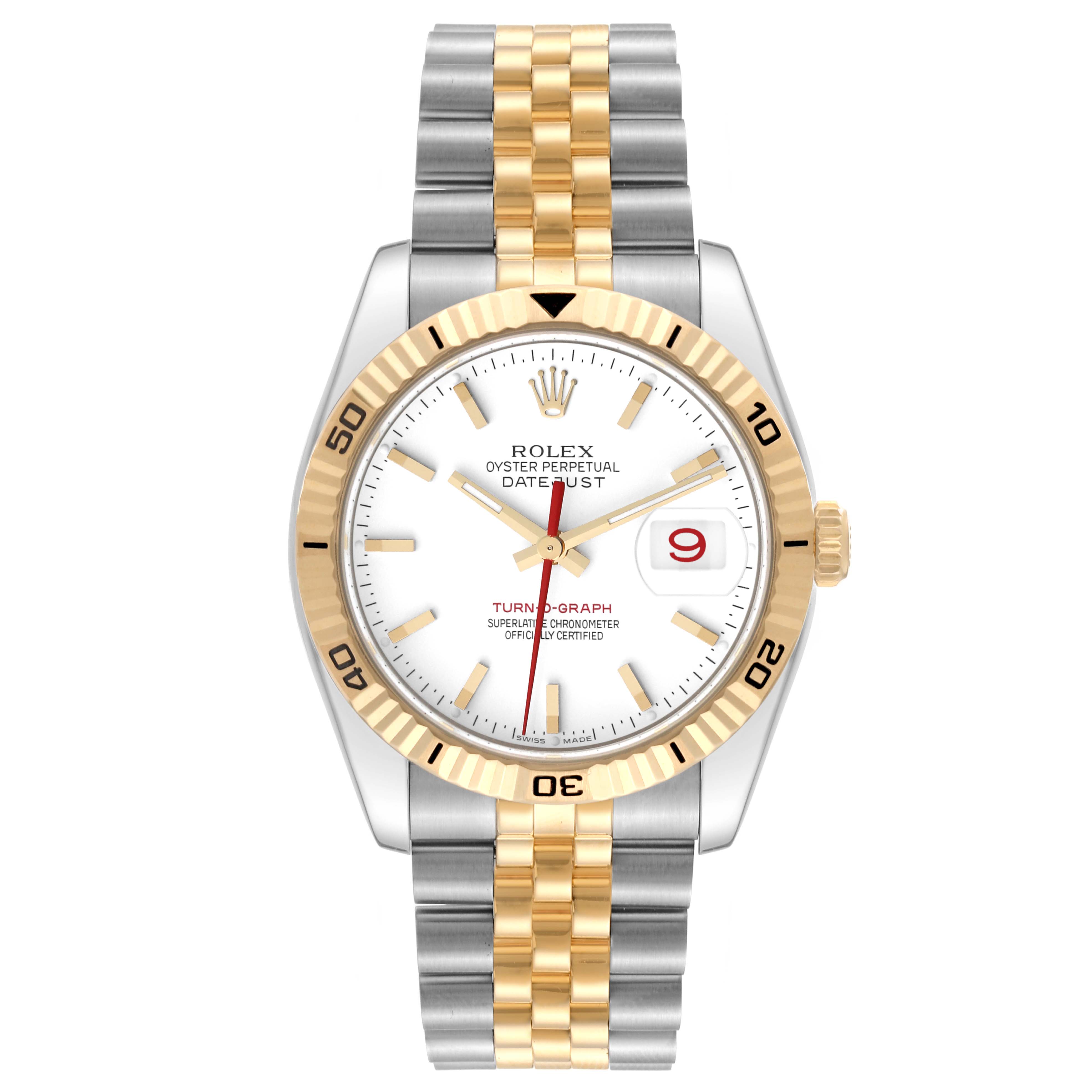 The image shows the front view of a Rolex Turn-o-Graph 116263 Men
s Steel and Gold (two tone) White Dial 116263 Men
s Steel and Gold (two tone) White Dial watch, highlighting its face, bezel, and two-tone bracelet.