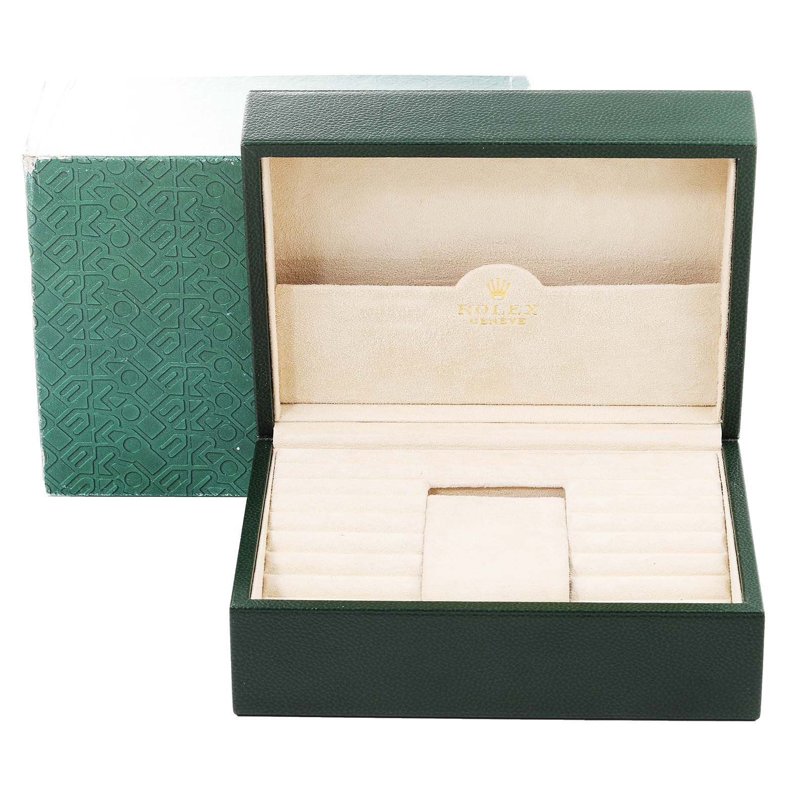 This image shows an empty green Rolex President 118239 Men's White Gold Silver Dial 118239 Men's White Gold Silver Dial watch box, viewed from the front with its lid open.