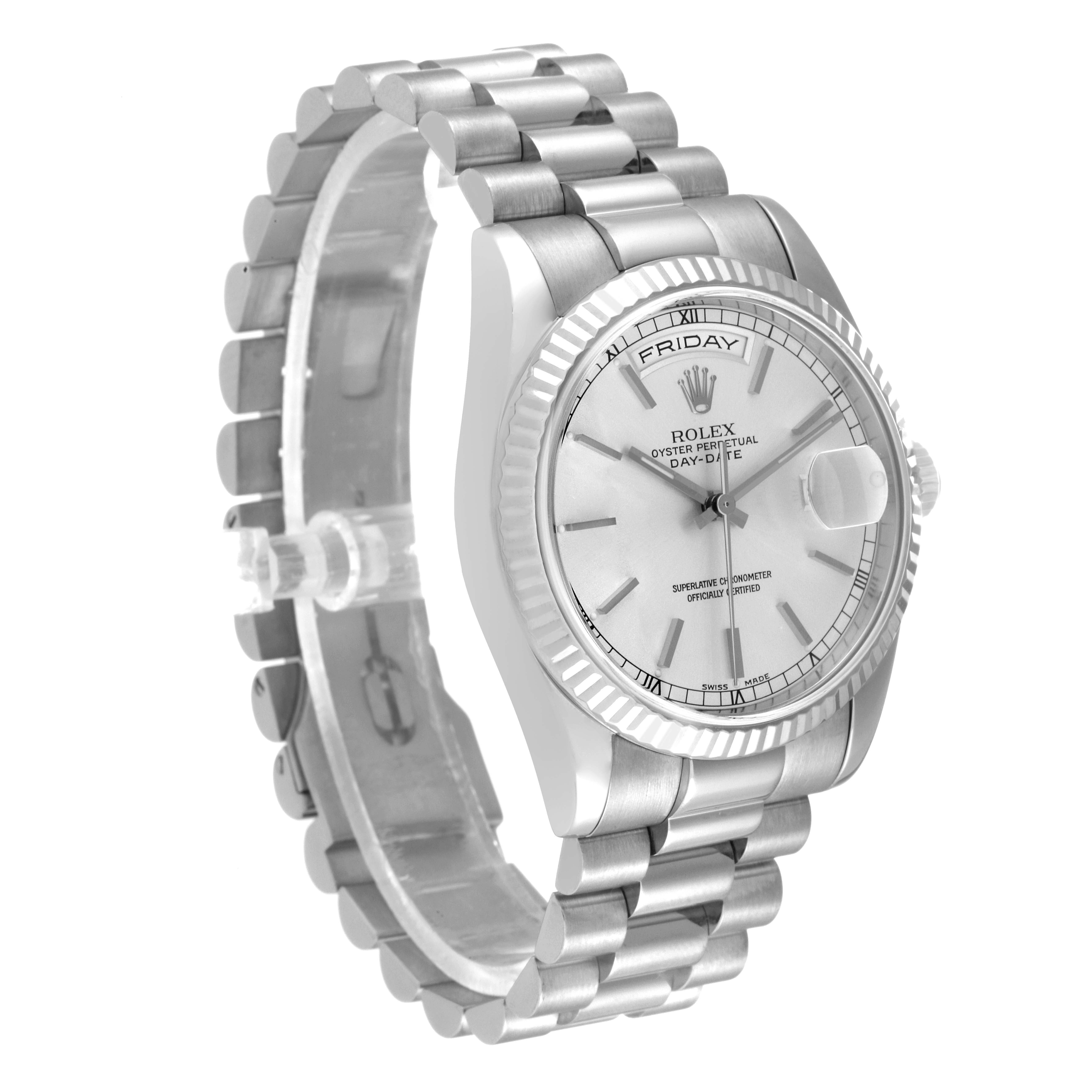 The image shows a diagonal view of the Rolex President 118239 Men's White Gold Silver Dial 118239 Men's White Gold Silver Dial model, featuring its bracelet, bezel, dial, and crown.