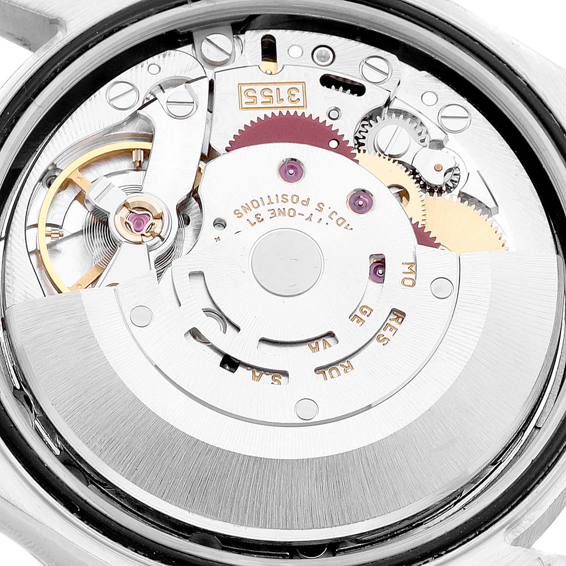 This is a close-up view of the movement mechanism of a Rolex President 118239 Men's White Gold Silver Dial 118239 Men's White Gold Silver Dial model watch.