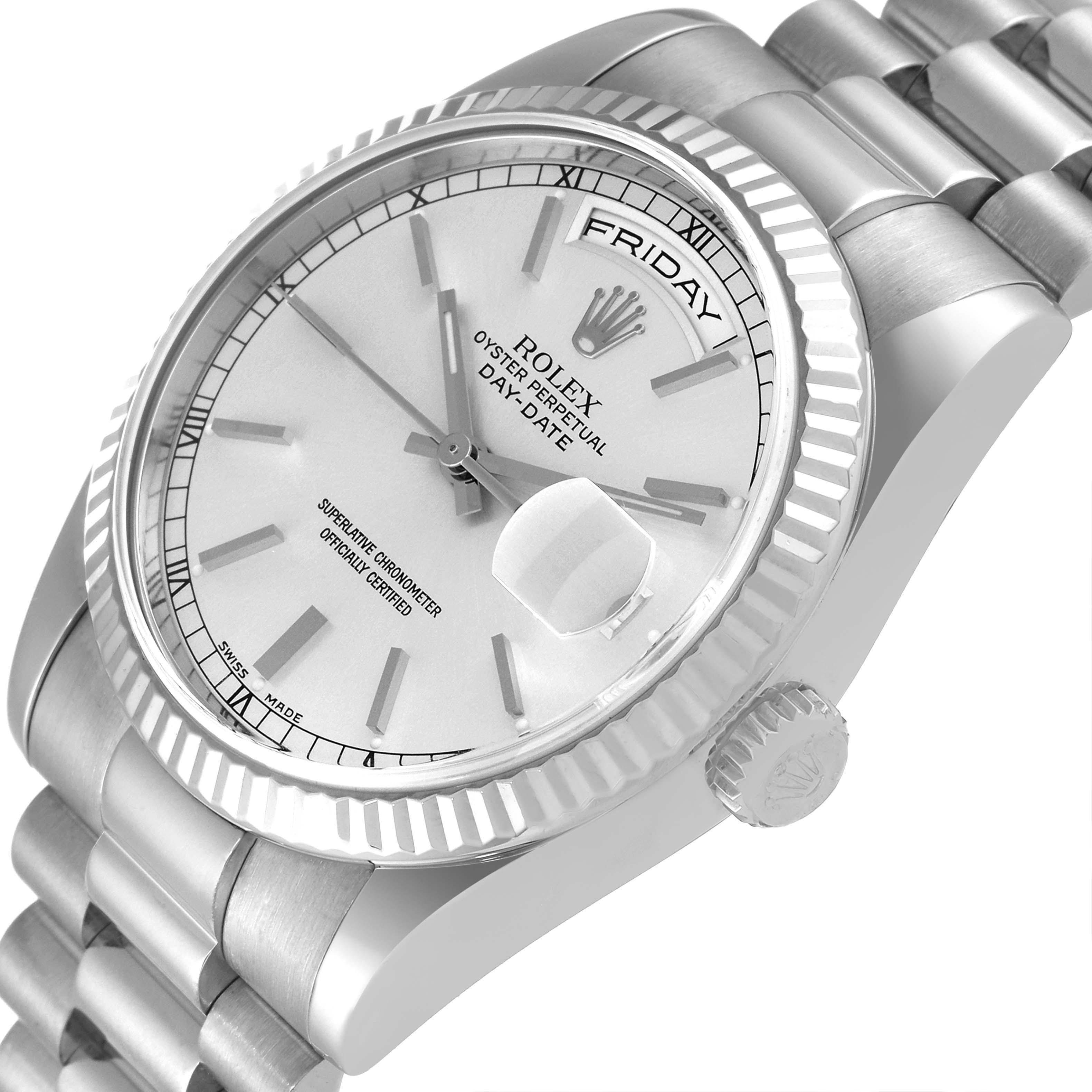 The image shows a close-up angled view of a Rolex President 118239 Men's White Gold Silver Dial 118239 Men's White Gold Silver Dial model watch, featuring its dial, crown, bezel, and part of the bracelet.