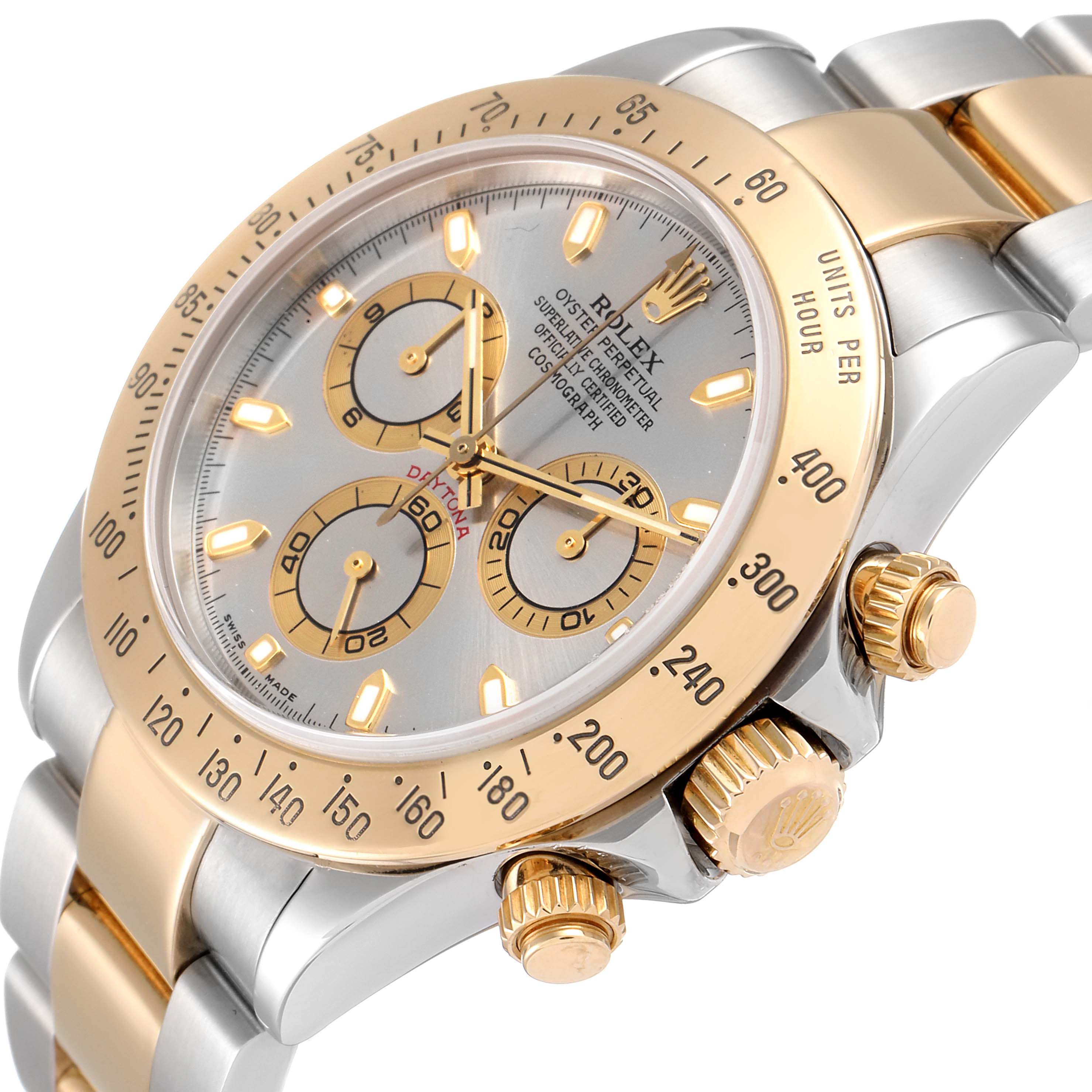 The image shows a close-up angled view of the Rolex Daytona 16523 Men's Steel and Gold (two tone) Grey Dial 16523 Men's Steel and Gold (two tone) Grey Dial watch's face, bezel, and crown.