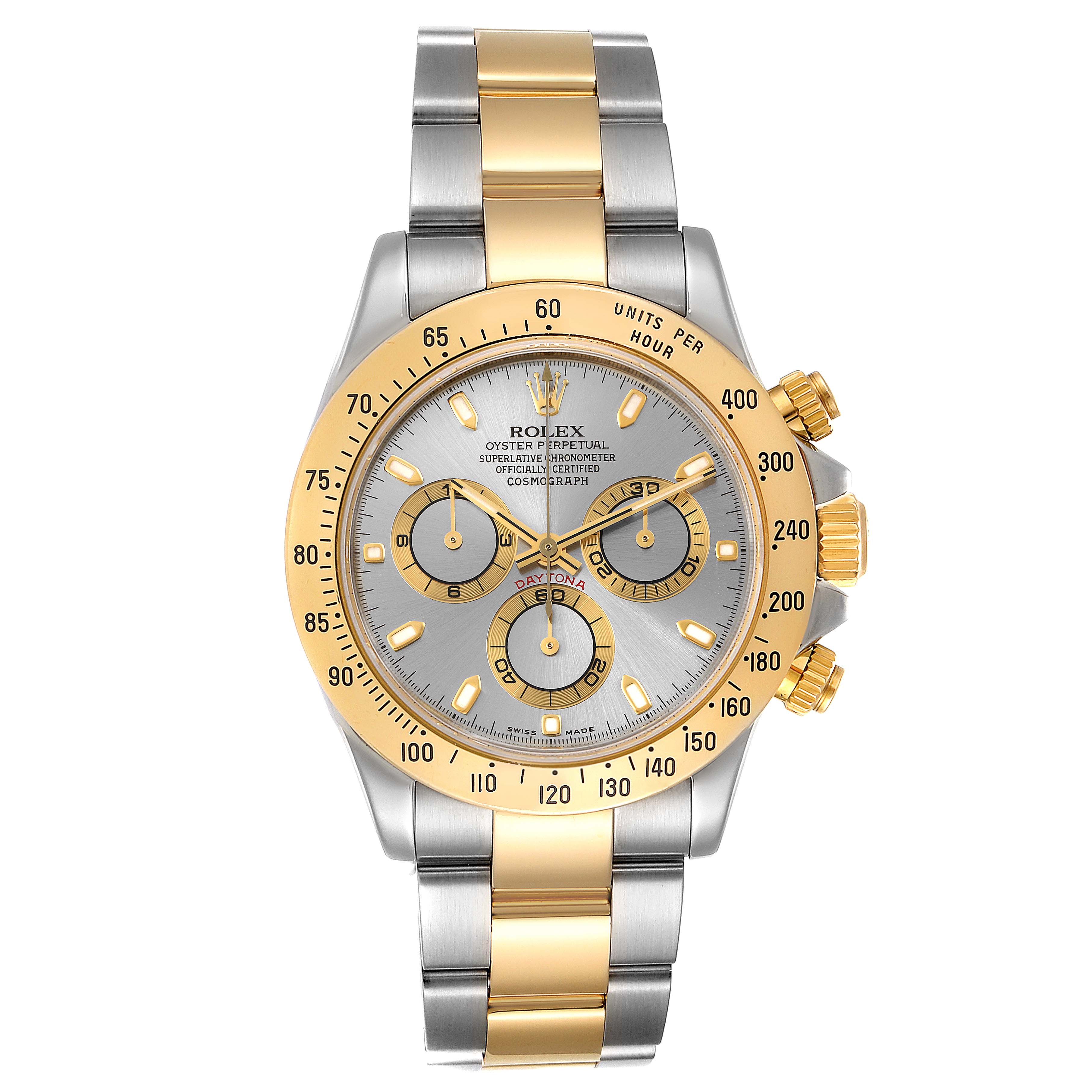 The image shows a front view of the Rolex Daytona 16523 Men's Steel and Gold (two tone) Grey Dial 16523 Men's Steel and Gold (two tone) Grey Dial watch, highlighting the face, bezel, subdials, and bracelet in gold and silver tones.
