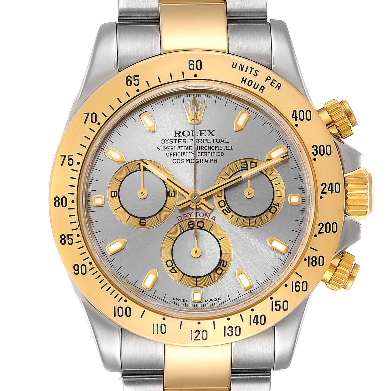 This image shows a frontal view of the Rolex Daytona 16523 Men's Steel and Gold (two tone) Grey Dial 16523 Men's Steel and Gold (two tone) Grey Dial watch, highlighting its gold bezel, sub-dials, and crown.