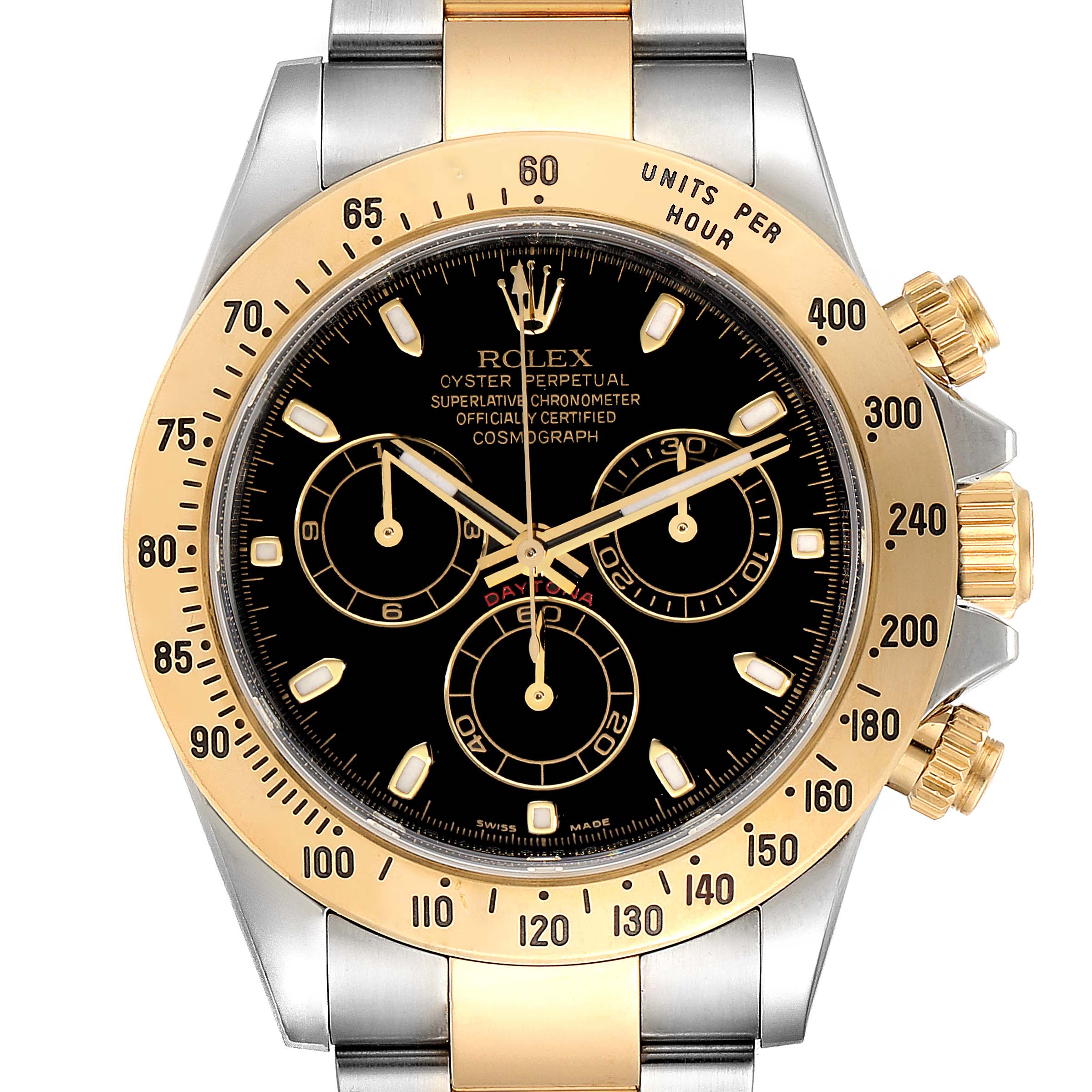 The Rolex Daytona 116523 Men
s Steel and Gold (two tone) Black Dial 116523 Men
s Steel and Gold (two tone) Black Dial watch is shown from a front angle, displaying its black dial, gold bezel, and chronograph subdials.