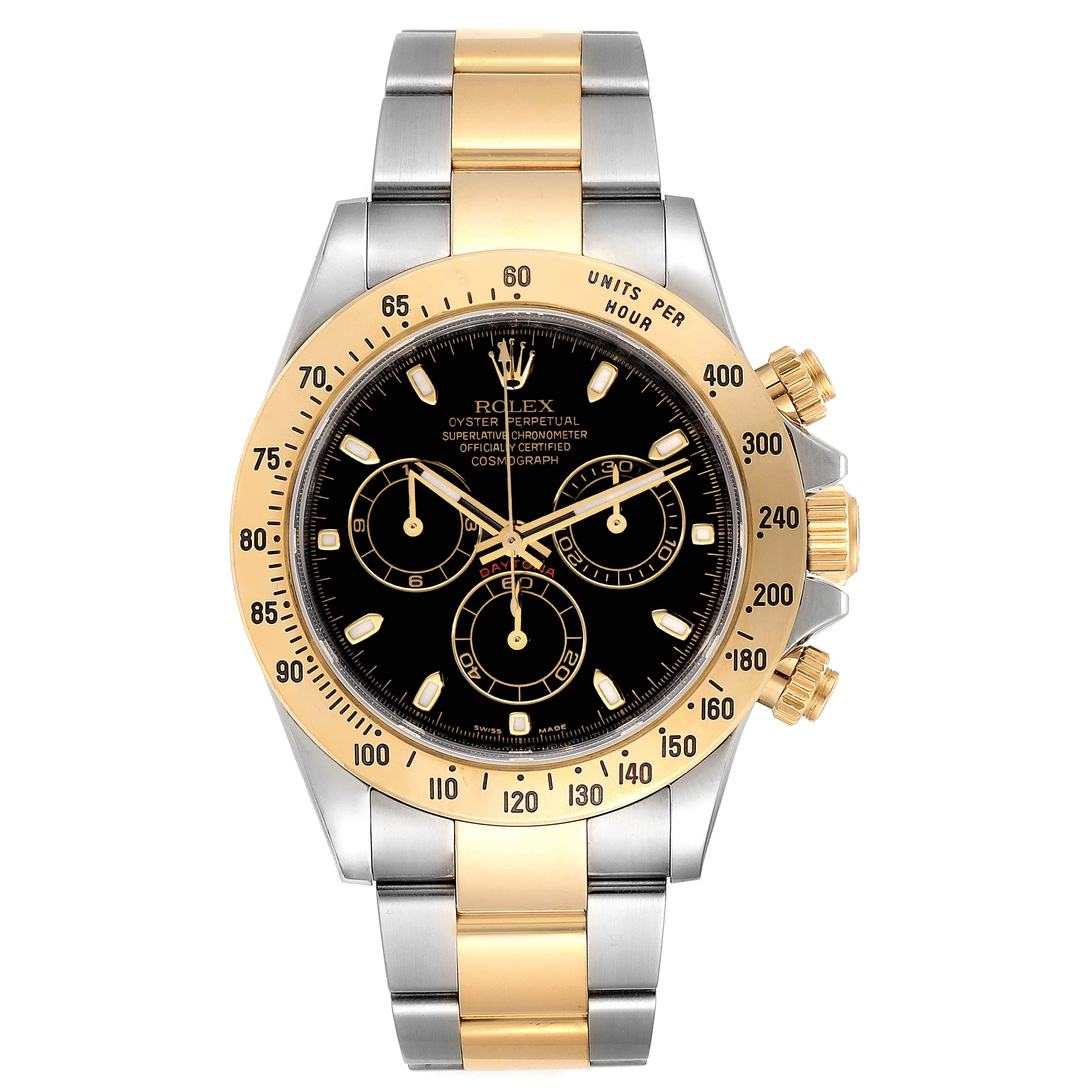 This Rolex Daytona 116523 Men
s Steel and Gold (two tone) Black Dial 116523 Men
s Steel and Gold (two tone) Black Dial watch is shown from a front angle, highlighting its face, bezel, dial, bracelet, and crown.