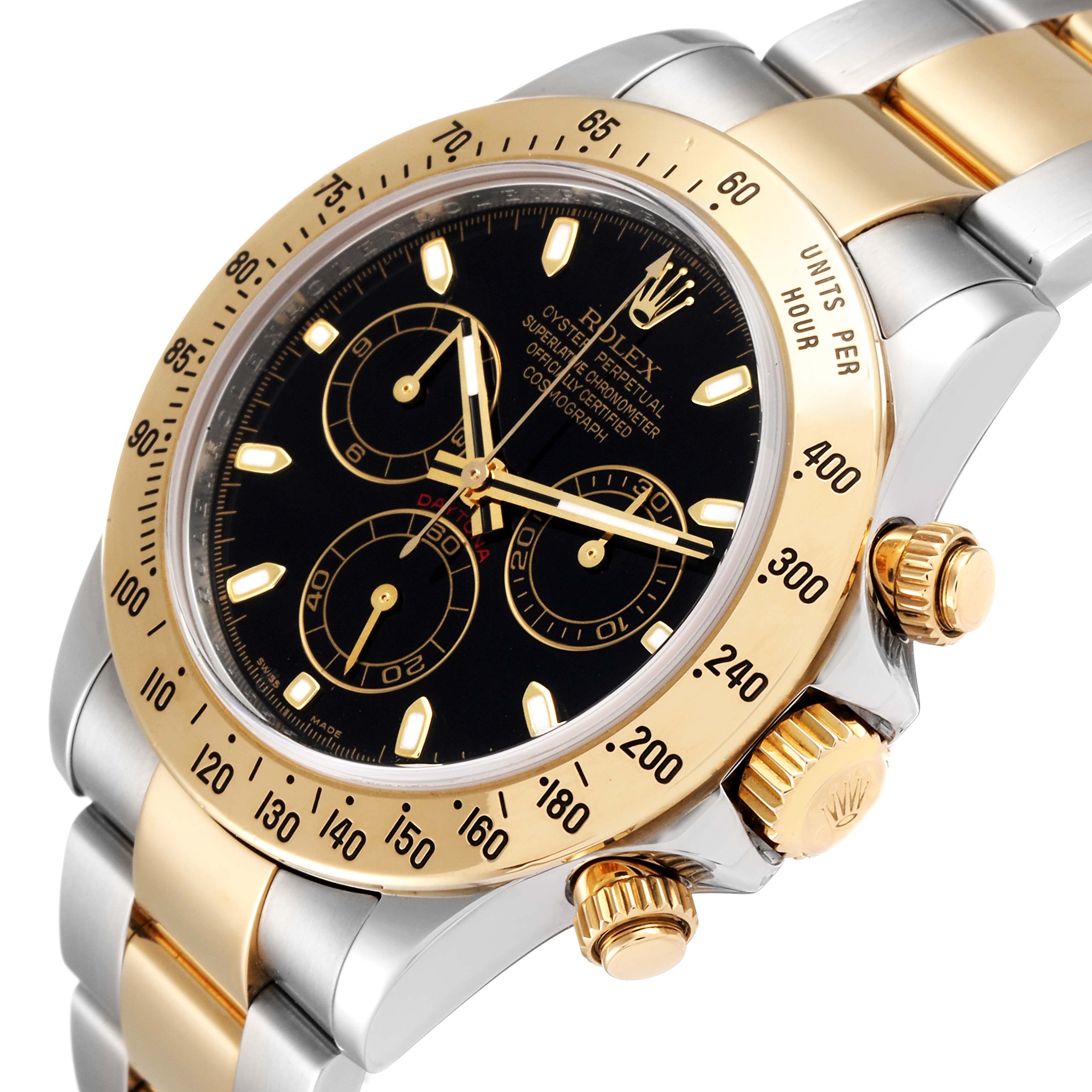 This image shows a close-up angle of the Rolex Daytona 116523 Men
s Steel and Gold (two tone) Black Dial 116523 Men
s Steel and Gold (two tone) Black Dial watch, highlighting its bezel, dial, and crown.