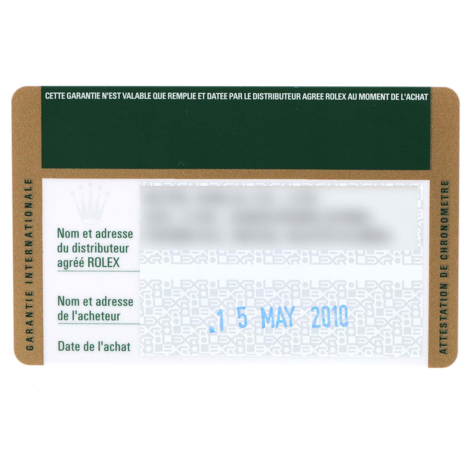 This is a warranty card for the Rolex Daytona 116523 Men
s Steel and Gold (two tone) Black Dial 116523 Men
s Steel and Gold (two tone) Black Dial model, showing the date of purchase and dealer information.