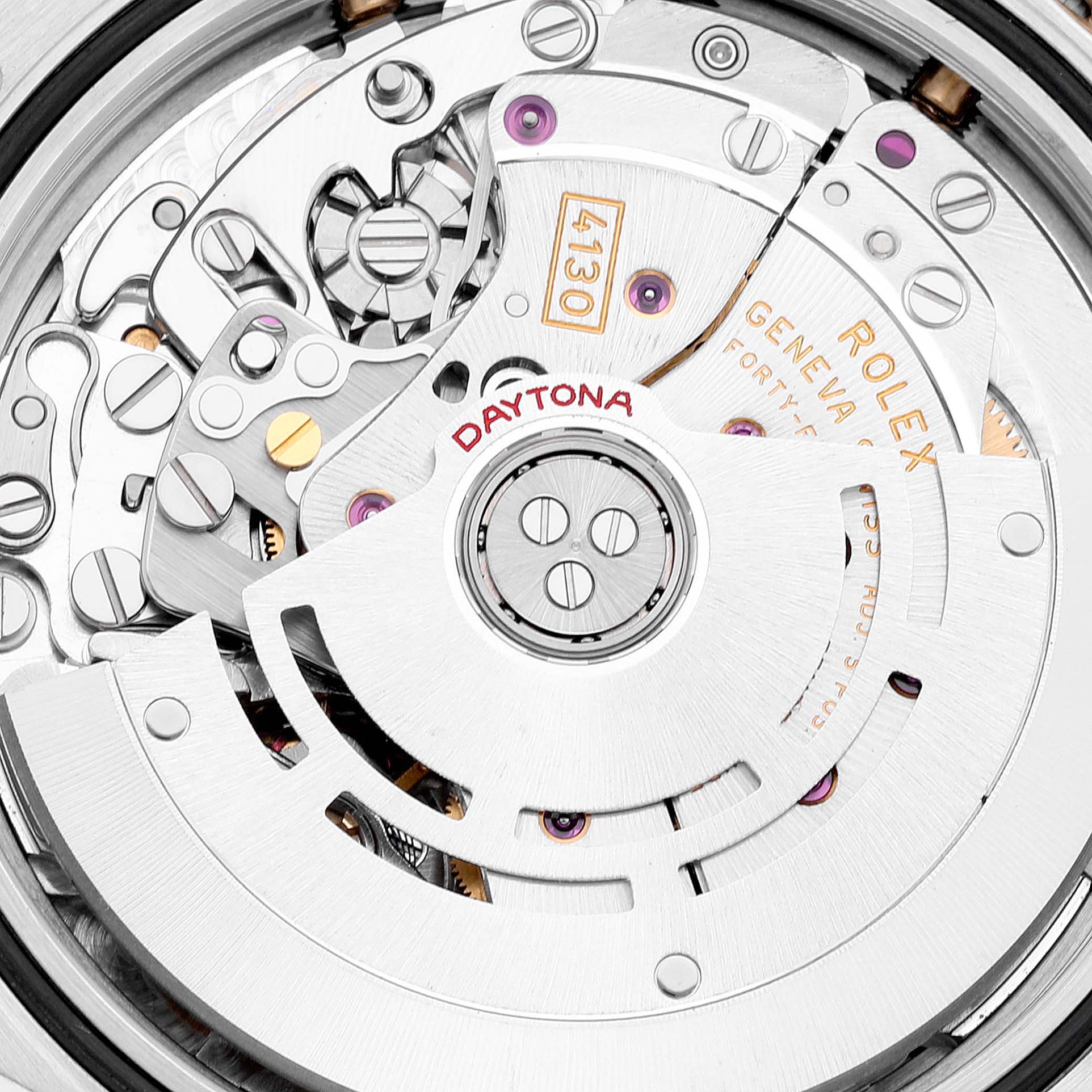 This close-up angle shows the internal movement mechanics of the Rolex Daytona 116523 Men's Steel and Gold (two tone) Black Dial 116523 Men's Steel and Gold (two tone) Black Dial model.