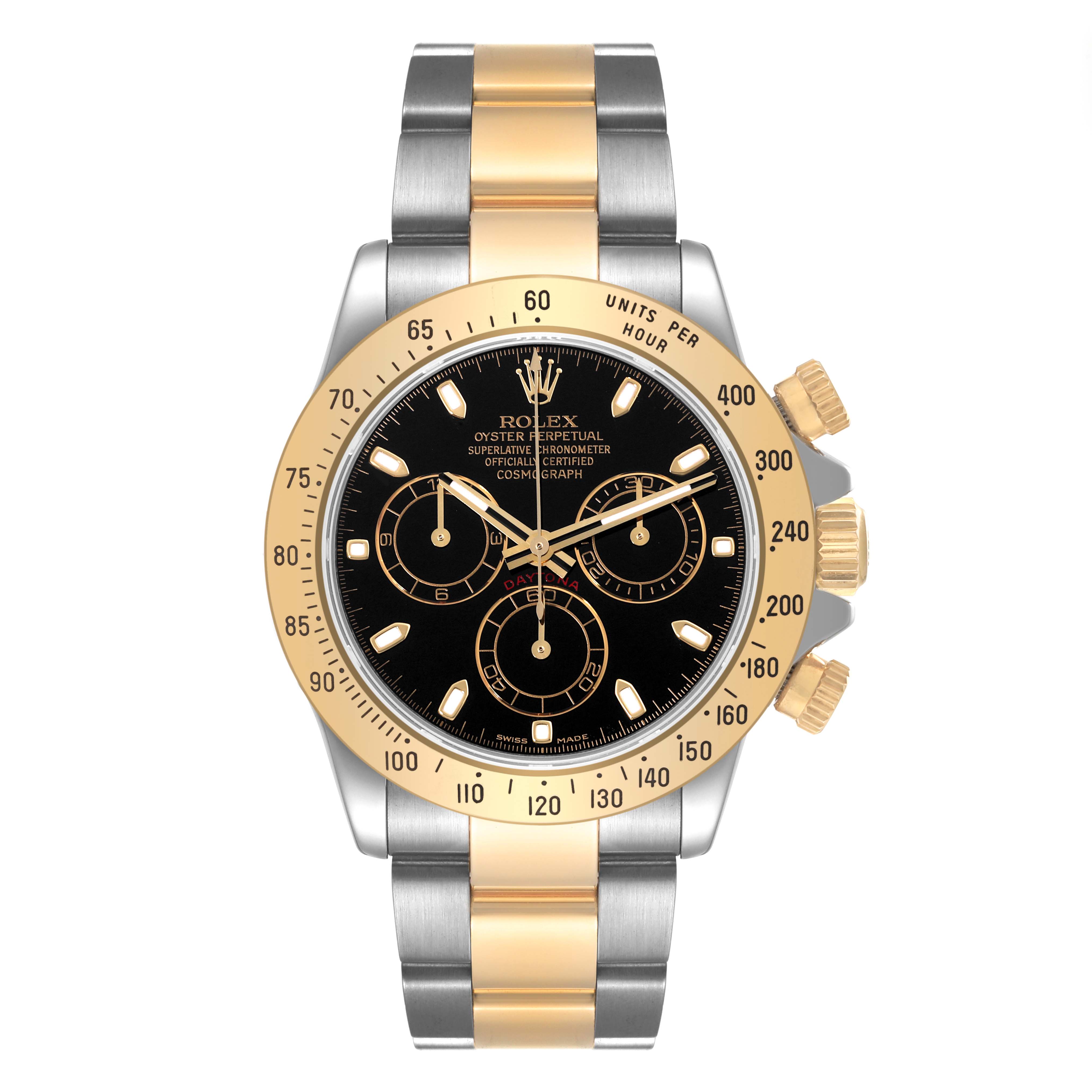 This image shows a front view of a Rolex Daytona 116523 Men's Steel and Gold (two tone) Black Dial 116523 Men's Steel and Gold (two tone) Black Dial watch, featuring a gold and silver bracelet and a black dial.