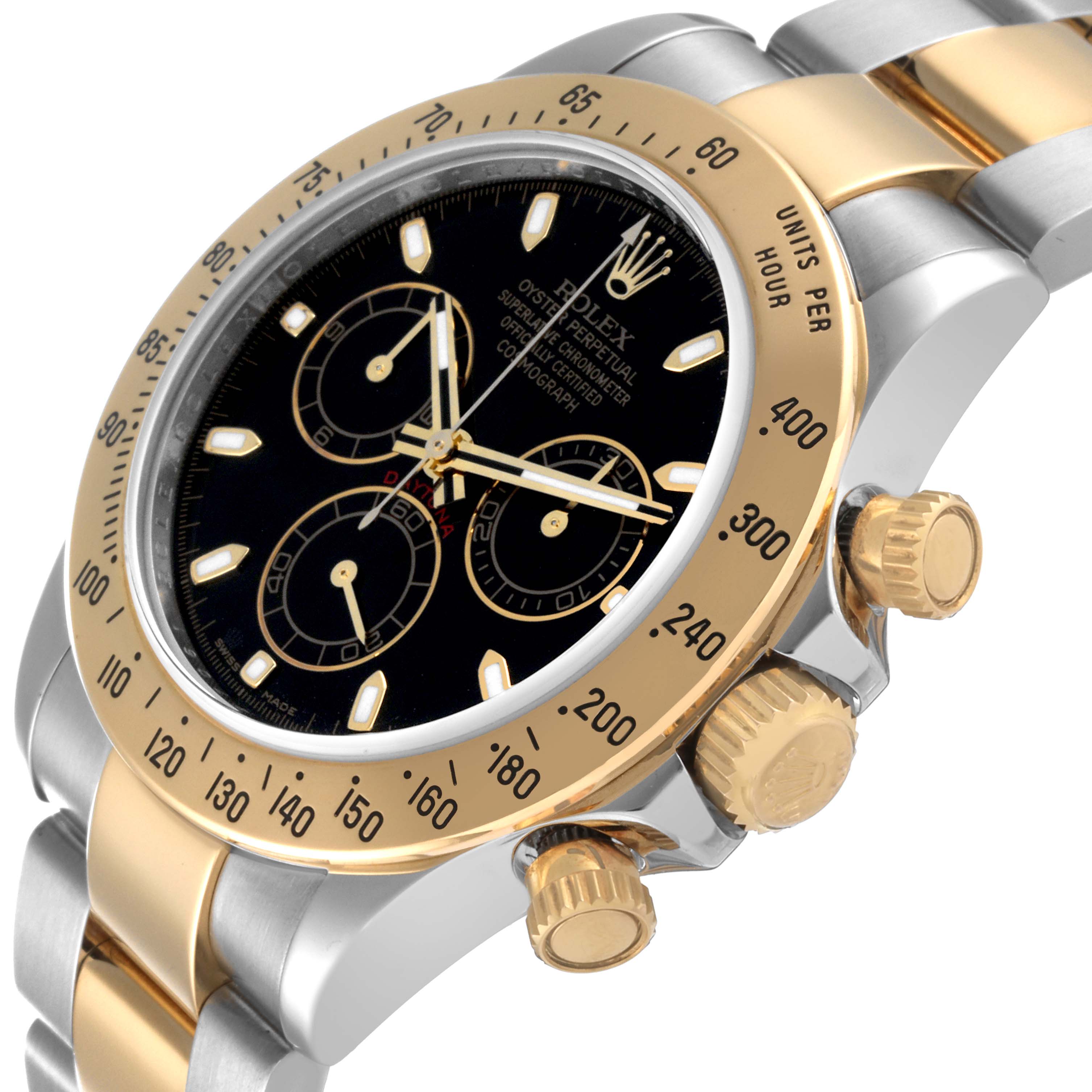 The image shows a side-angle view of the Rolex Daytona 116523 Men's Steel and Gold (two tone) Black Dial 116523 Men's Steel and Gold (two tone) Black Dial watch, featuring its bezel, crown, pushers, and bracelet.