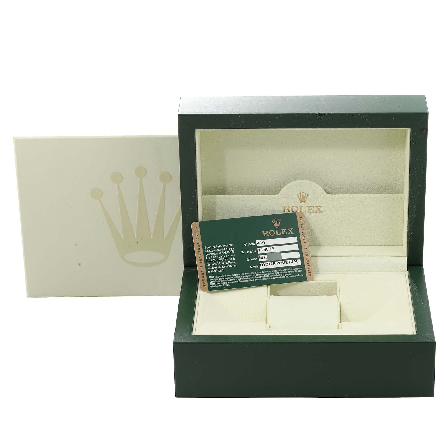 This image shows a Rolex Daytona 116523 Men's Steel and Gold (two tone) Black Dial 116523 Men's Steel and Gold (two tone) Black Dial watch box and warranty card from a top view angle.