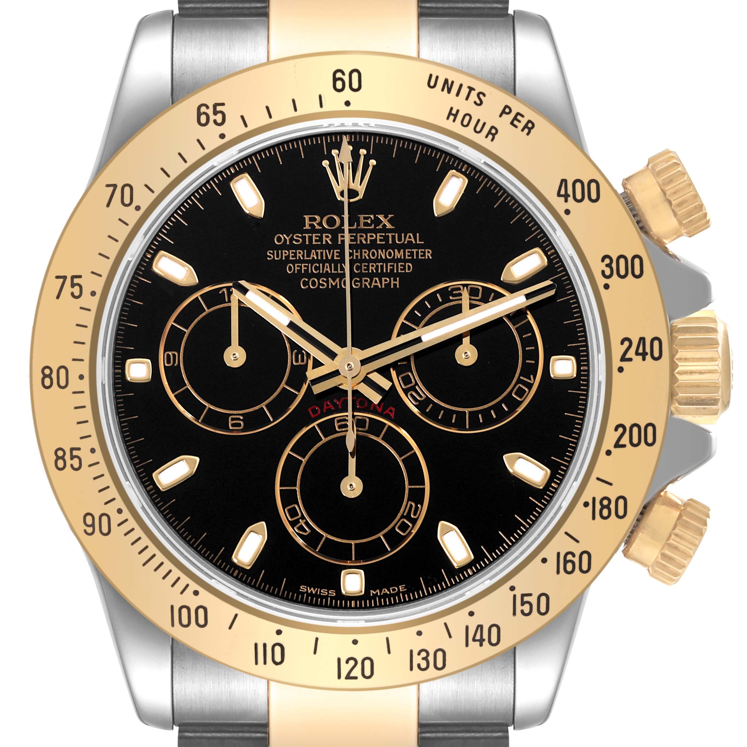 This image shows a close-up of the face and bezel of the Rolex Daytona 116523 Men's Steel and Gold (two tone) Black Dial 116523 Men's Steel and Gold (two tone) Black Dial watch, highlighting its dials, hands, and markers.